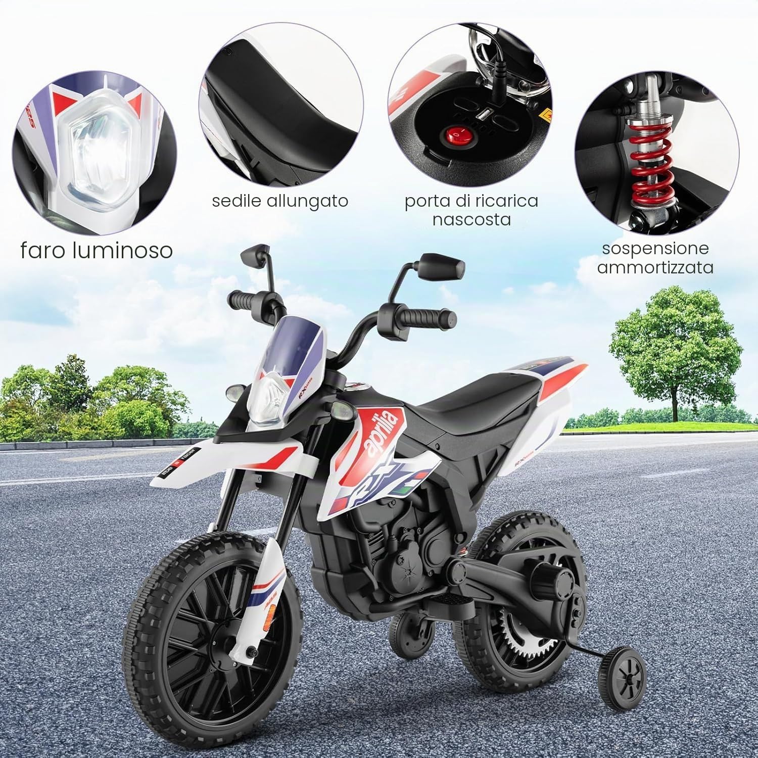 FANTASK Motore elettrico da 12 V per bambini da 5,5 a 6 km/h, moto per bambini con ruote di supporto e musica e fari, moto in bianco e nero per bambini dai 3 agli 8 anni