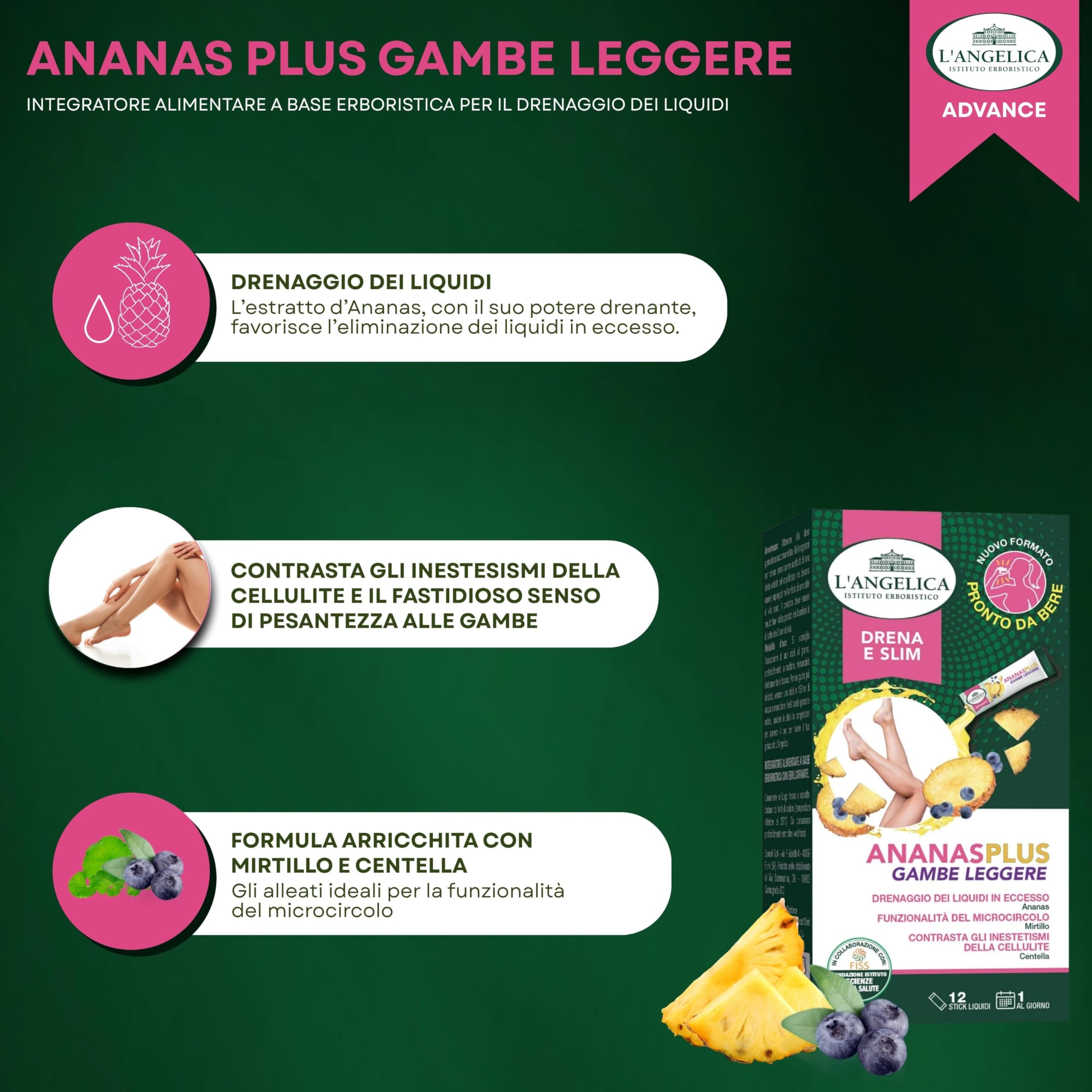 L'Angelica Integratore Ananas Plus Gambe Leggere, Drenante per Favorire la Circolazione, Integratore Anti Cellulite Drenante, Gusto Ananas, 12 Stick Liquidi Pronti da Bere