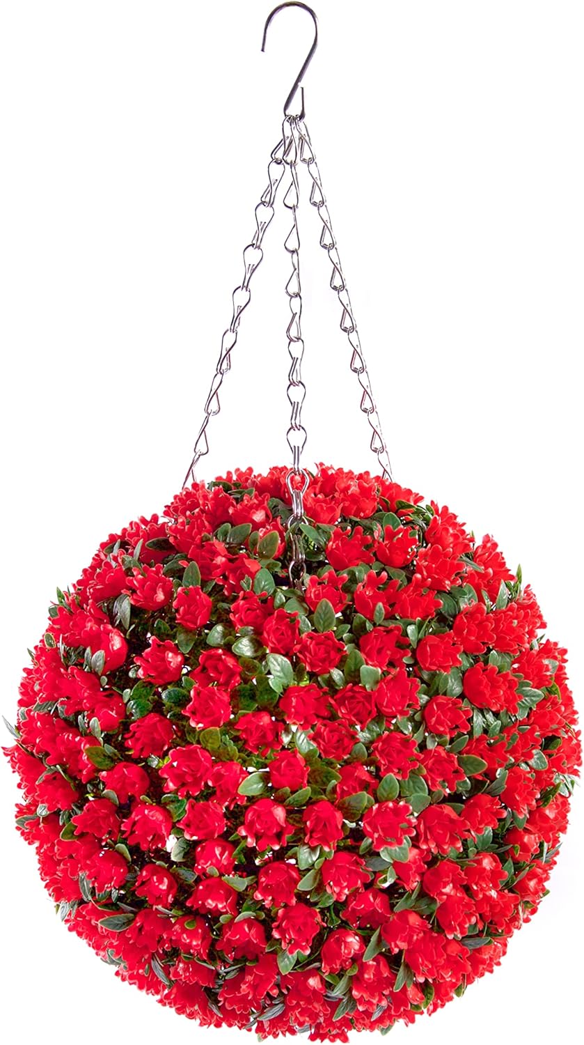 Best Artificial 28cm Red Rose Topiary Hanging Flower Ball **UV Fade