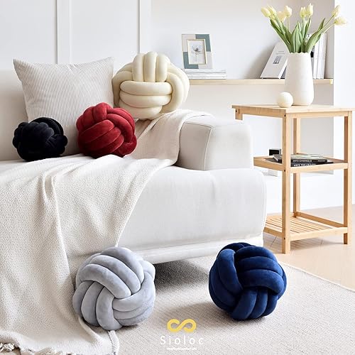 Miniatura 2 de Sioloc - Almohadas de nudo suave, cojín redondo para decoración del hogar, almohada de bola anudada hecha a mano (7.8 pulgadas, color vino)