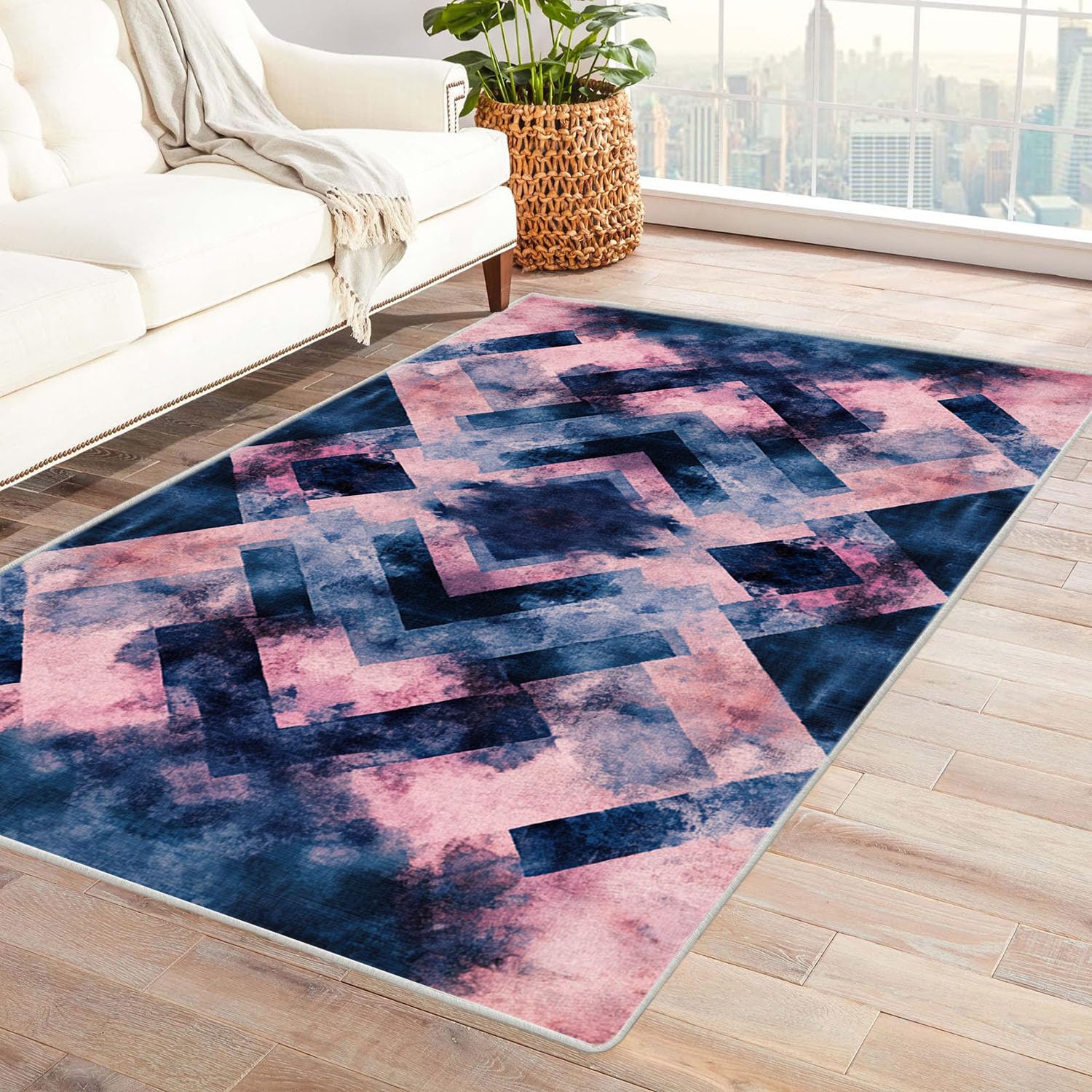 Tapis poil ras de salon moderne bleu 150x180cm aux finitions soignées