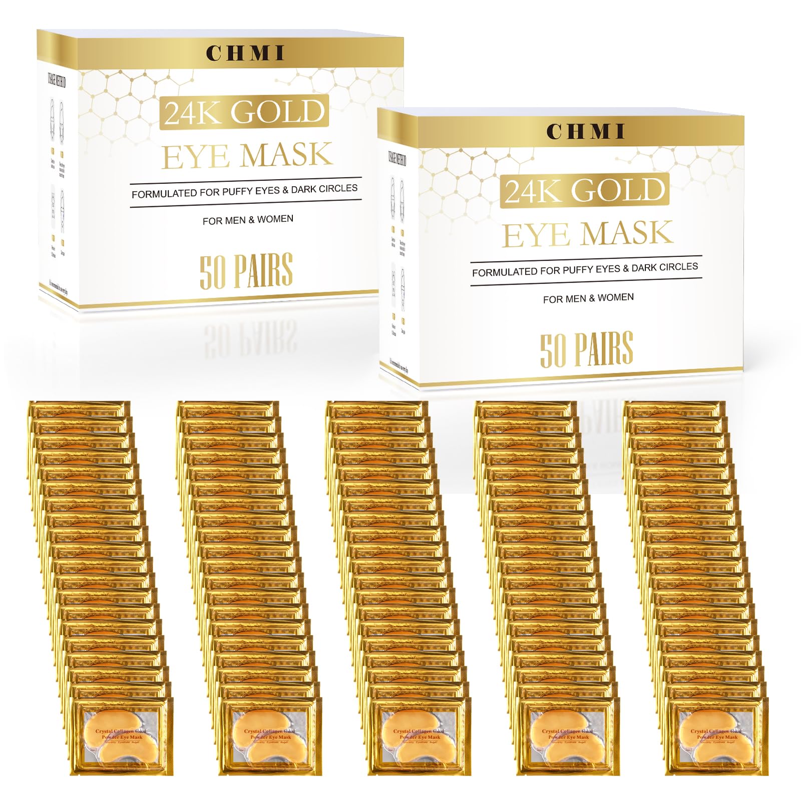 CHMI Under Eye Patches (100 Pairs) - 24K Gold Eye Patches for Puffy Eyes, Dark Circles, Eye Bags and Wrinkles, Collagen Skin Care Products, Beauty & Personal Care