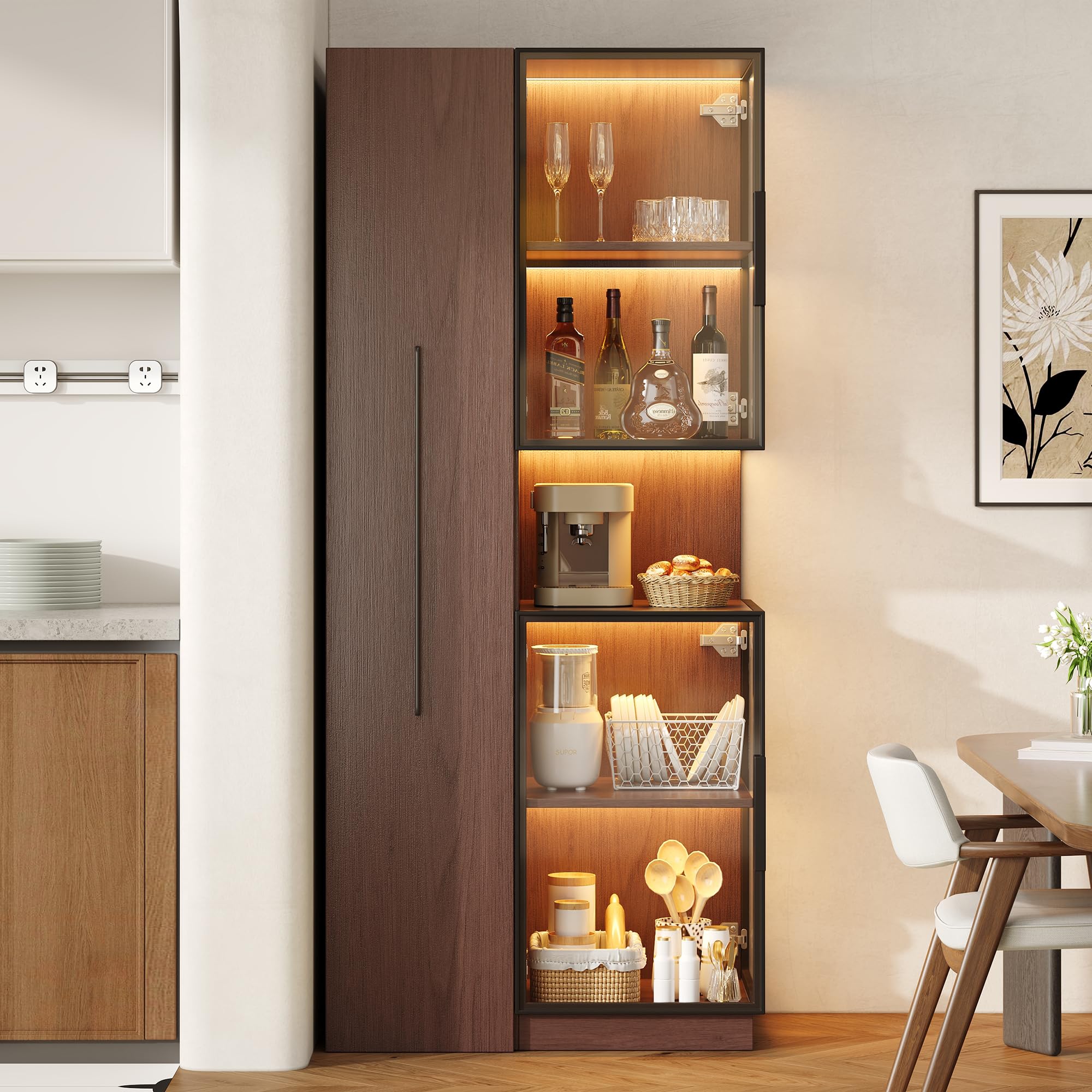 Vitrina con estante extensible – vitrina de doble cristal LED MDF nogal vitrina de cristal y almacenamiento armario alto multifuncional para salón, comedor, cocina, marrón
