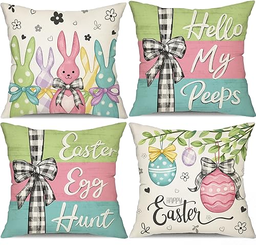 DFXSZ Juego de 4 fundas de almohada de Pascua de 18 x 18 pulgadas, diseño de conejo de huevo colorido de Pascua para cojines, fundas de almohada de