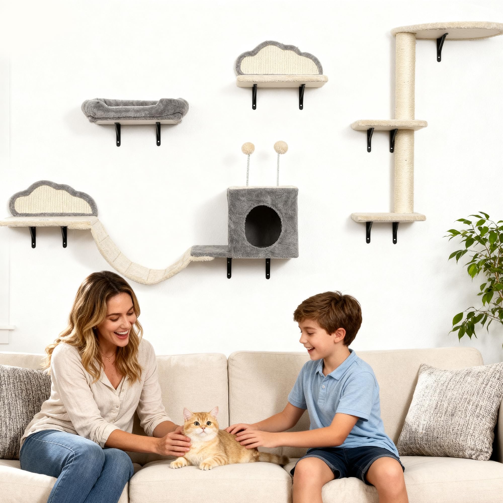 PawHut Katzen Kletterwand Set Kratzbrett 4-teilig bis zu 5 kg Beige | Bett, Kratzbaum mit Höhle, Weicher Leiter, Katzenmöbel