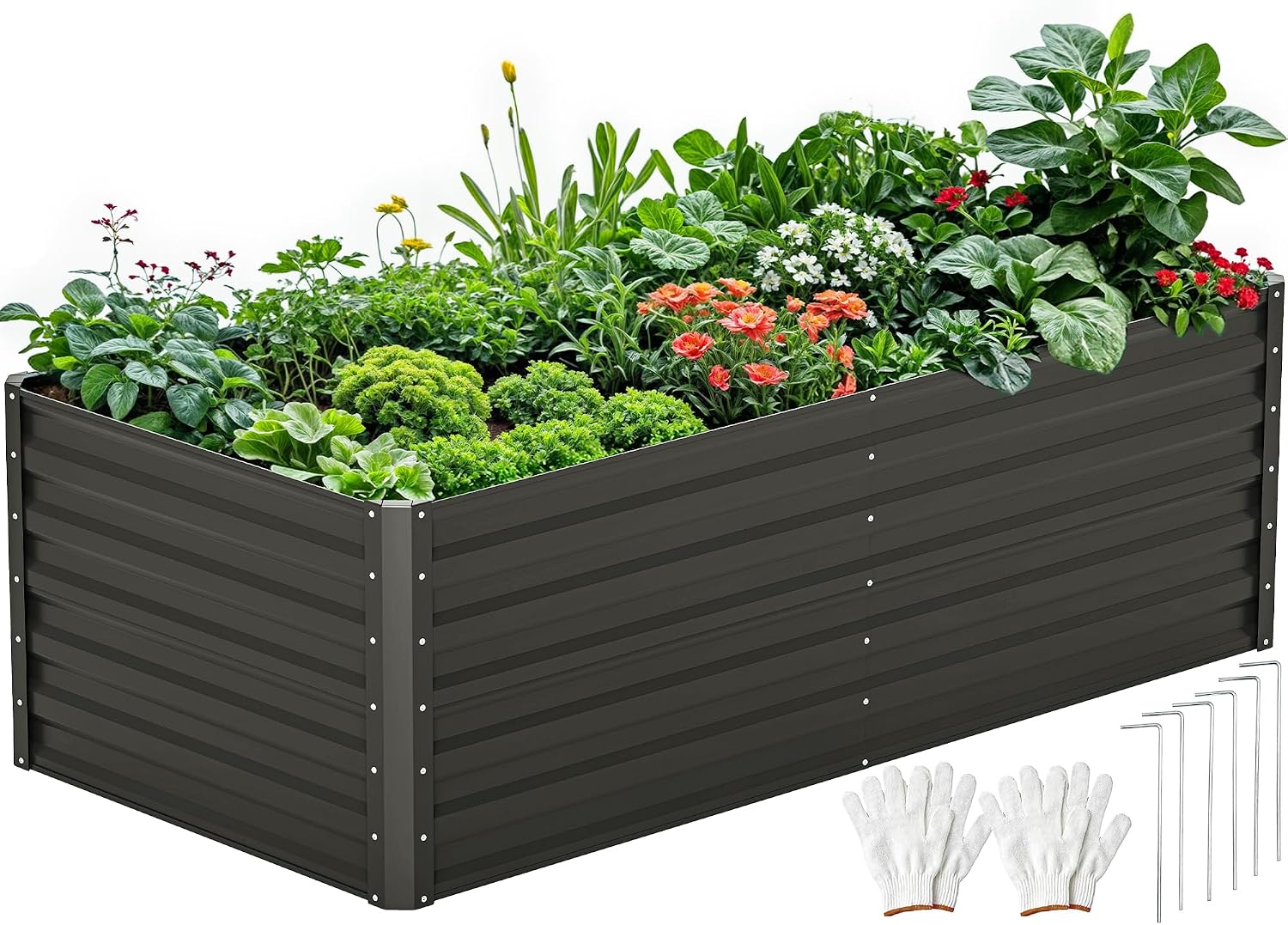 DWVO 6 x 3 x 2 FT Raised Garden Bed Kit, Outdoor Galvanized Flower Bed with Gloves, Black