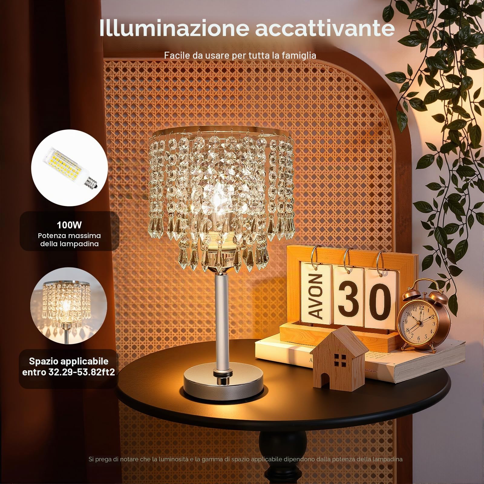 Lampada da tavolo a LED con cristallo, 220 V, per soggiorno, camera da letto, sala da pranzo