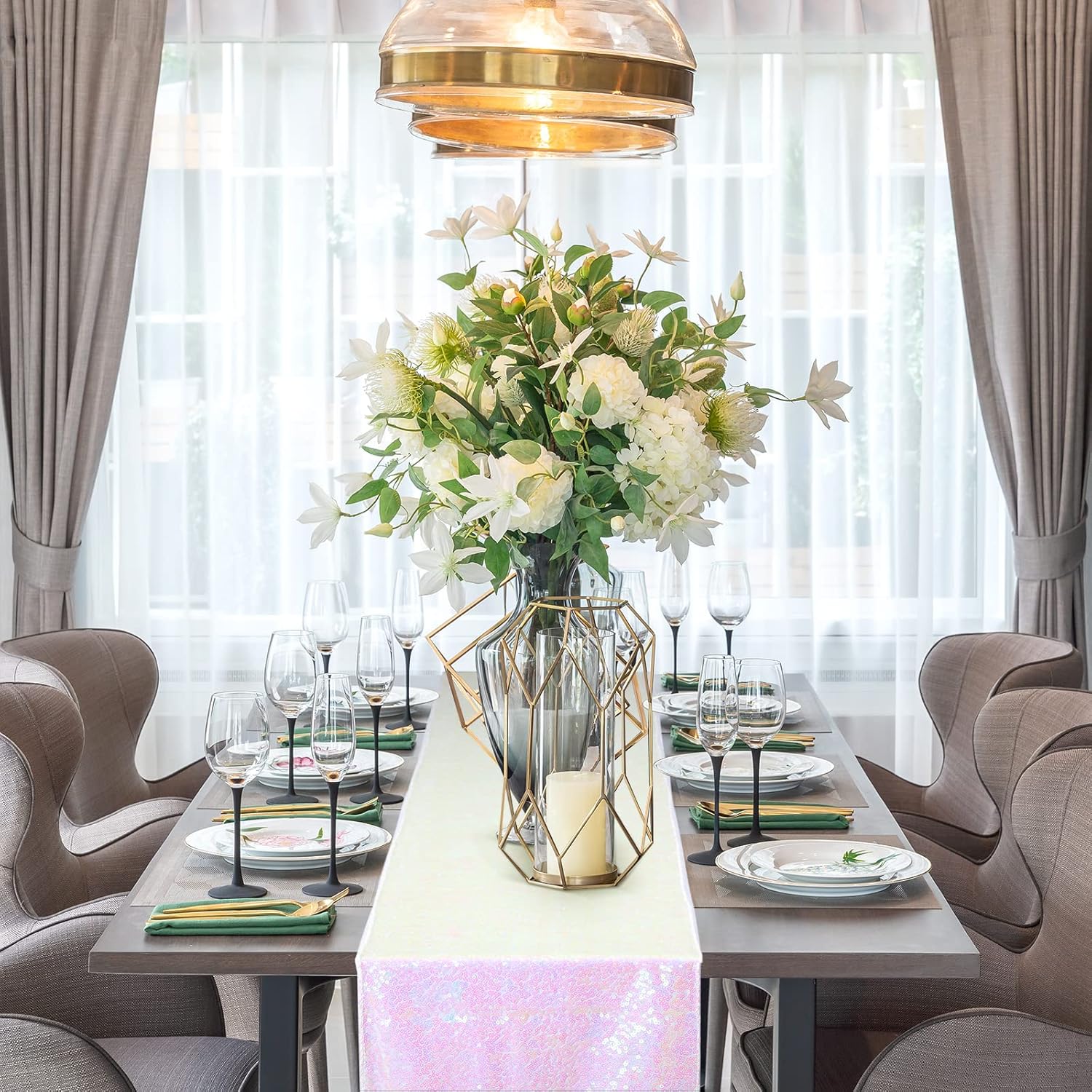 Tatuo 5 Packs Iridescent Sequin Table Runner Set 12 x 108 Inch Rectangle Glitter Table Runner for Birthday Wedding Party Supplies Catering Event Baby Shower Celebration Decorations(Pink)