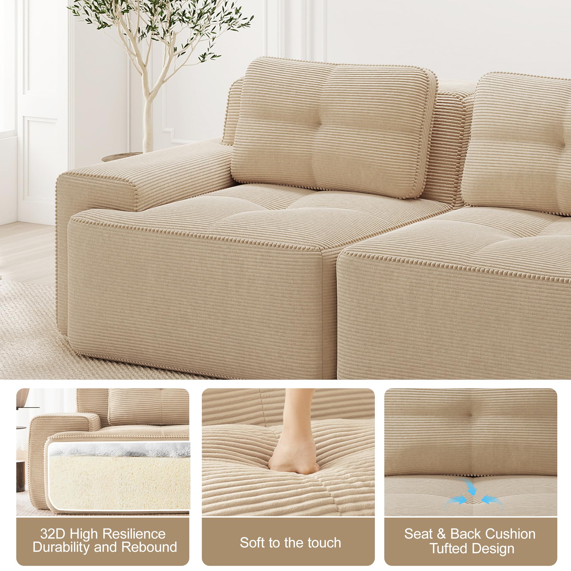Divano modulare angolare a U,divano componibile Boneless 3 posti con 2 poggiapiedi,divano a compressione senza montaggio,divano con seduta profonda,divani Componibili 5 posti,velluto a coste,Beige