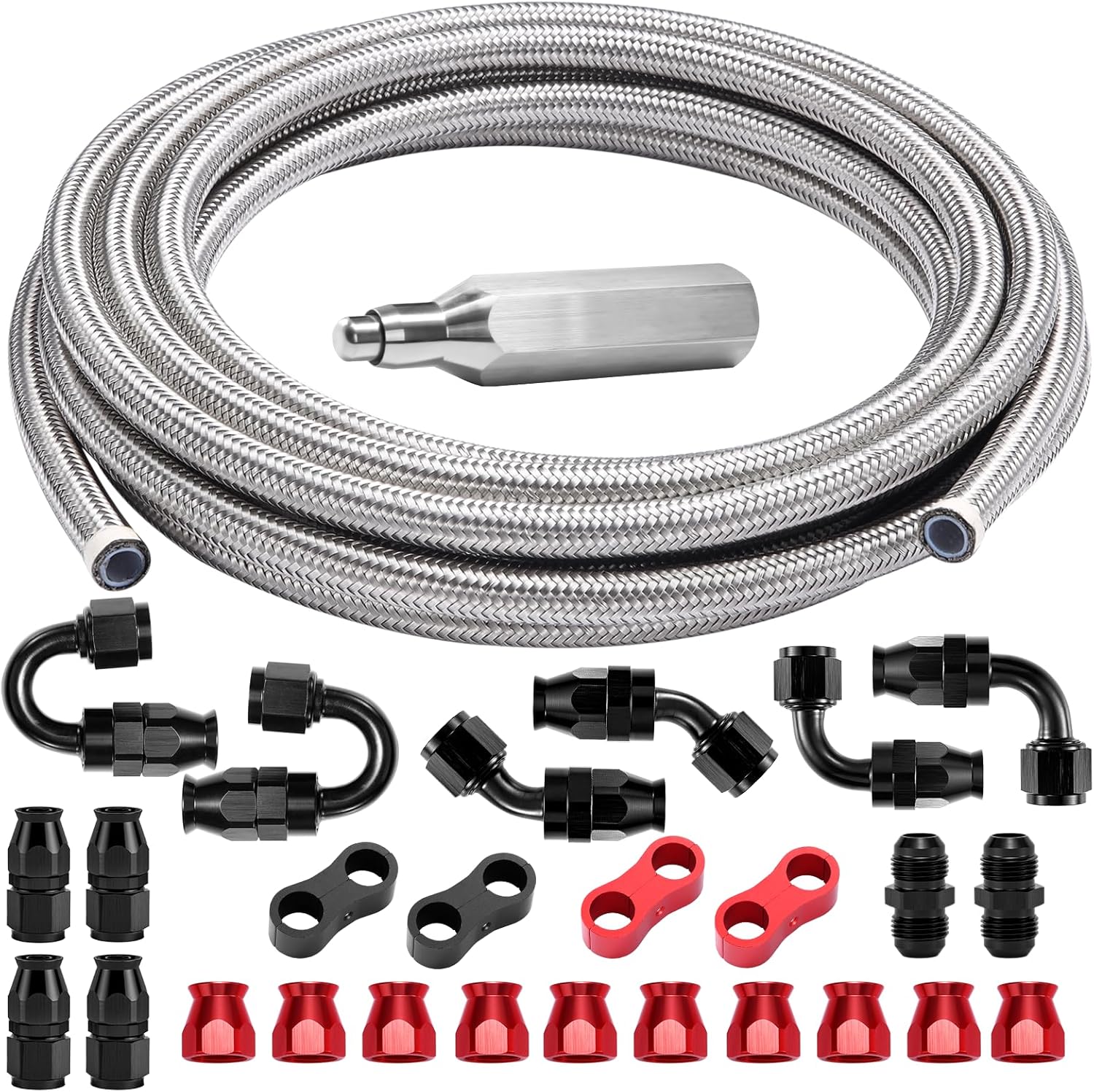 6AN PTFE Fuel Line Kit, AN6 E85 Nylon Braided PTFE Fuel Hose 20FT With 0/45/90/180 degree Hose End Fittings, Adjustable AN Fitting Wrench, Red Socket Nut & -6AN Hose Separator Clamp