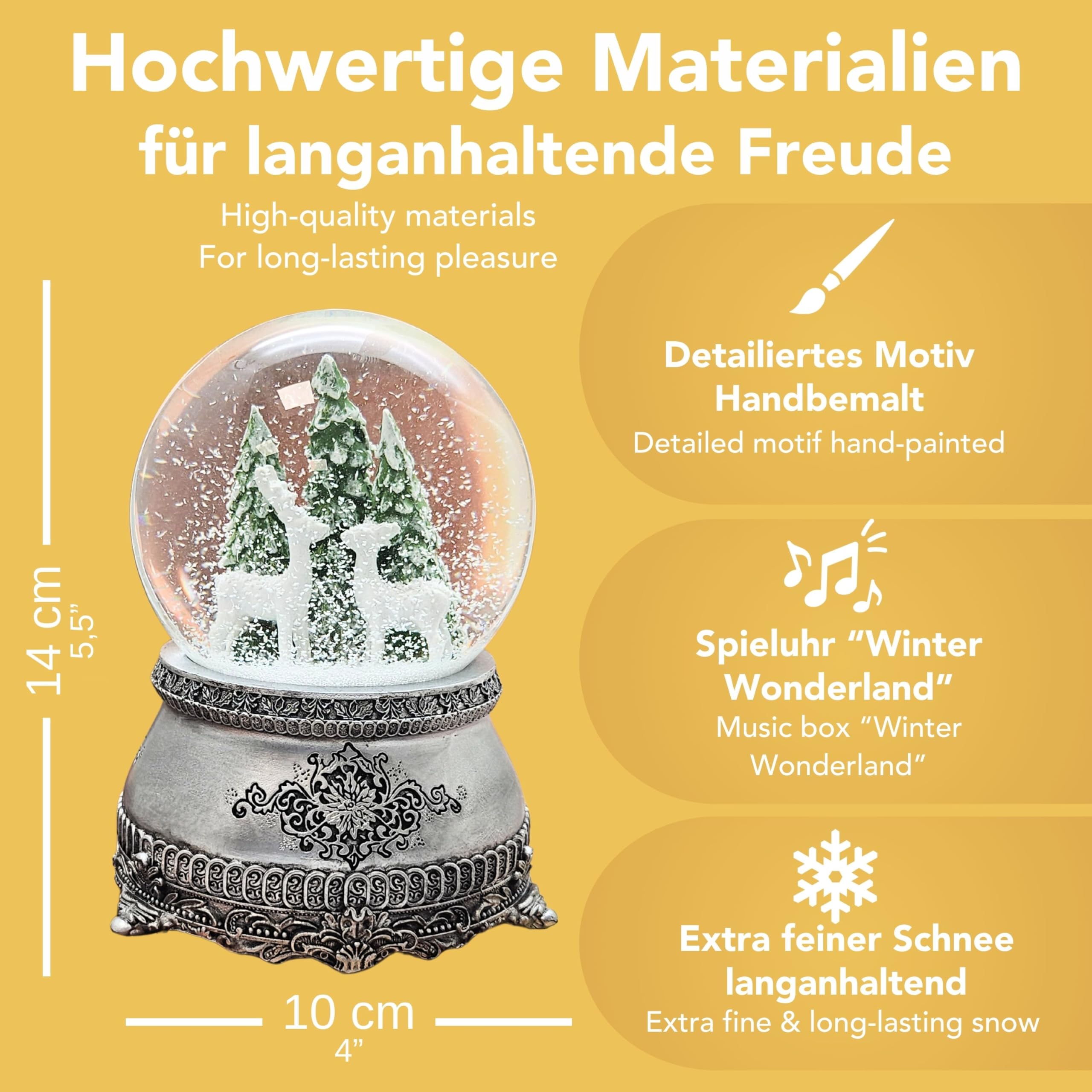 Schneekugel Hüttenzauber 2 weiße Rehe vor Tannenbaum | Sockel Zinnoptik Ornamente | mit Spieluhr | Schüttelkugel Weihnachtsdekoration | B: 10 cm H: 14 cm | 20253