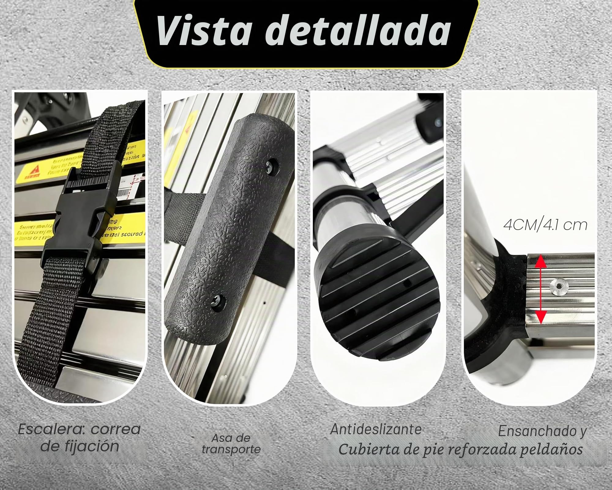 Escalera Telescópica de 3.8m,Escalera Plegable Acero Inoxidable,Escalera con cierre de seguridad con Patas Antideslizantes,Escalera Extensible,Para Mantenimiento,Techos,Camping,Capacidad MáXima 150 Kg