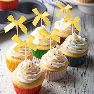 20 adornos para cupcakes con lazo amarillo de satén para decoración de tartas de feliz cumpleaños, boda, fiesta