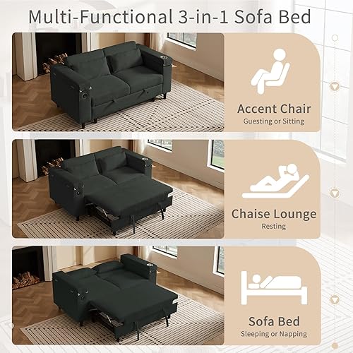 Miniatura 54 de sofá cama de terciopelo de 58 pulgadas, convertible 3 en 1 con bolsa de almacenamiento y respaldo ajustable, perfecto para espacios pequeños, sala 7