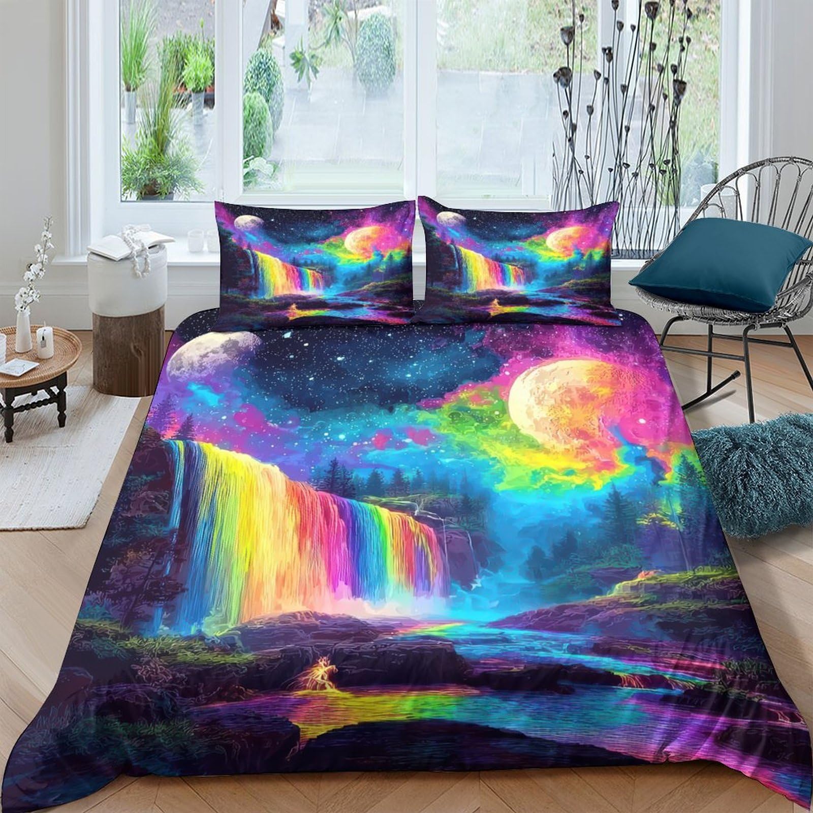 Ctjqhvkz Style-8 3D Printed Rainbow Waterfall Fitted Sheet Microfiber Colorful Moon Bed Cover For Bedroom Guest Room Decor Easy Care Single（135X200cm）
