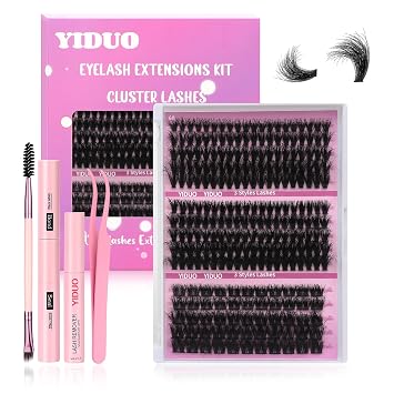 YIDUO Volume Lash Clusters Kit 255Pcs Wispy Individuals Eyelash Extension Kit 3 Styles Thick Clusters Lashes Extensions Kit with Bond and Seal |Tweezers |Removers |Eyelash & Eyebrow Brush