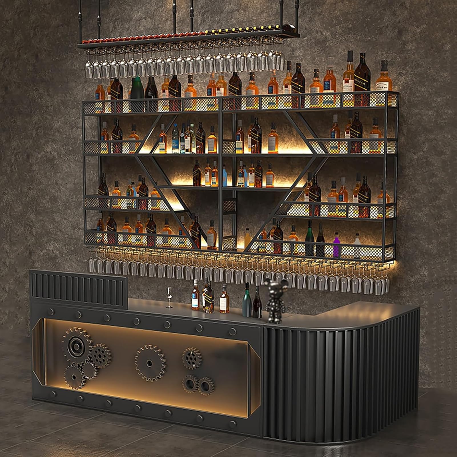 Estante de vino de pared de metal con iluminación LED y soporte modular