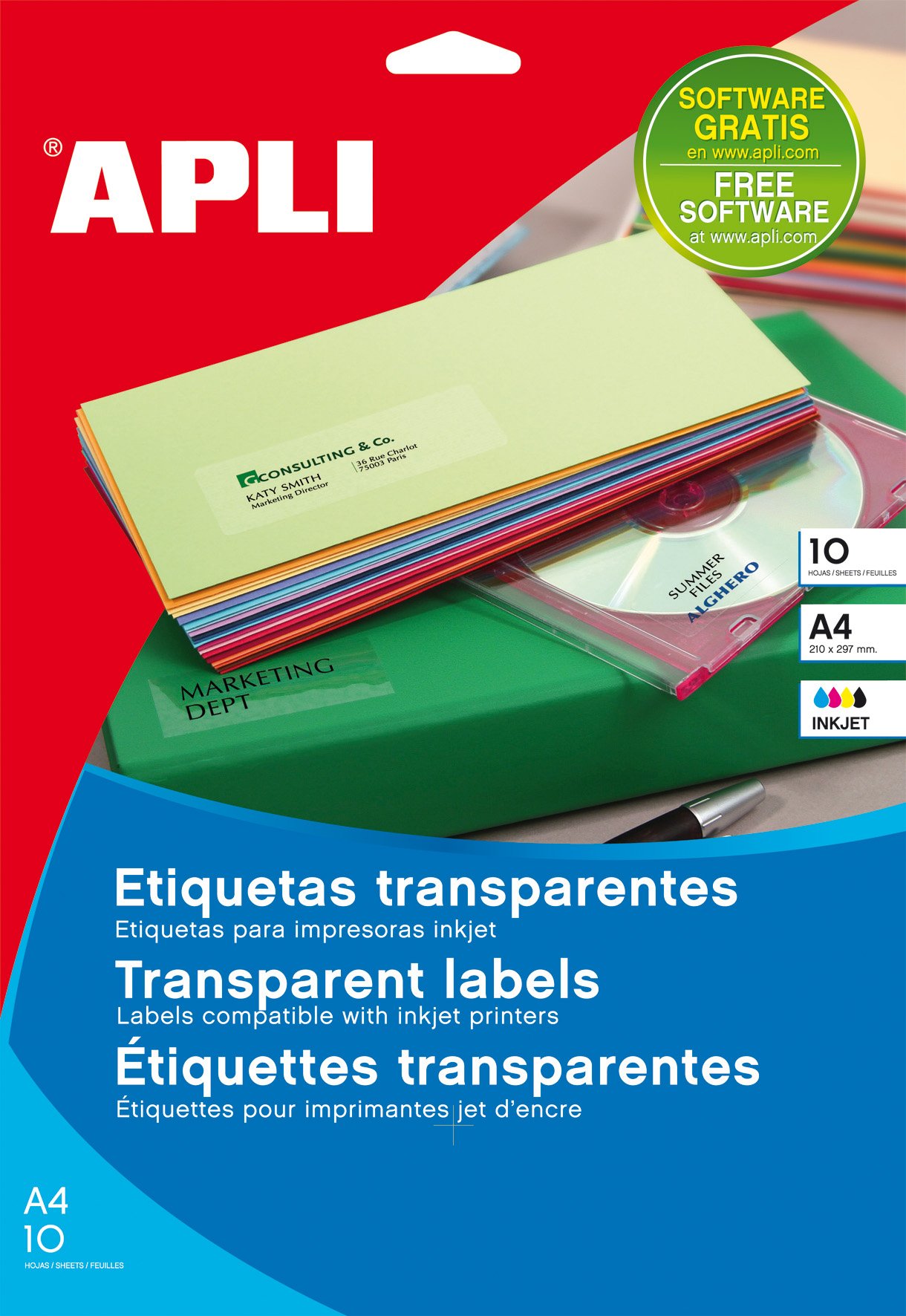 APLI 10053 – Transparent Labels (210 x 297 mm, Package of 10).