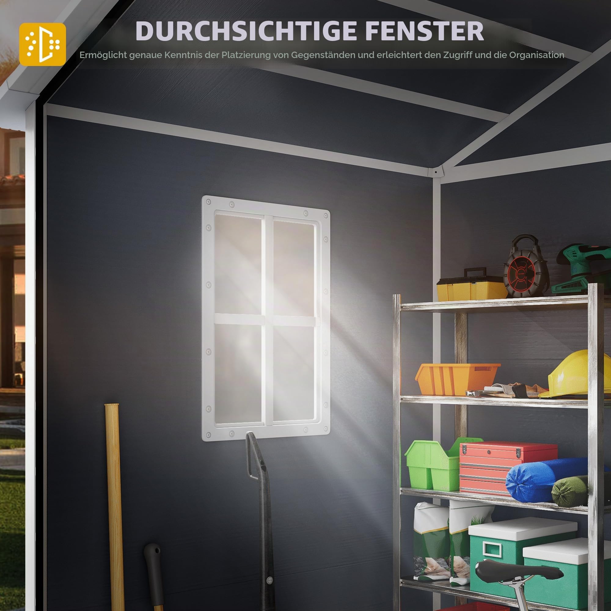 DWVO Gartenhaus 6x4,4 Fuß (ca. 170x123x206 cm) mit Zaun-Stil Fenster & Seitenfenster, Geräteschuppen aus Kunststoff mit abschließbarer Tür und Belüftung für Garten, Hinterhof, Terrasse – Grau