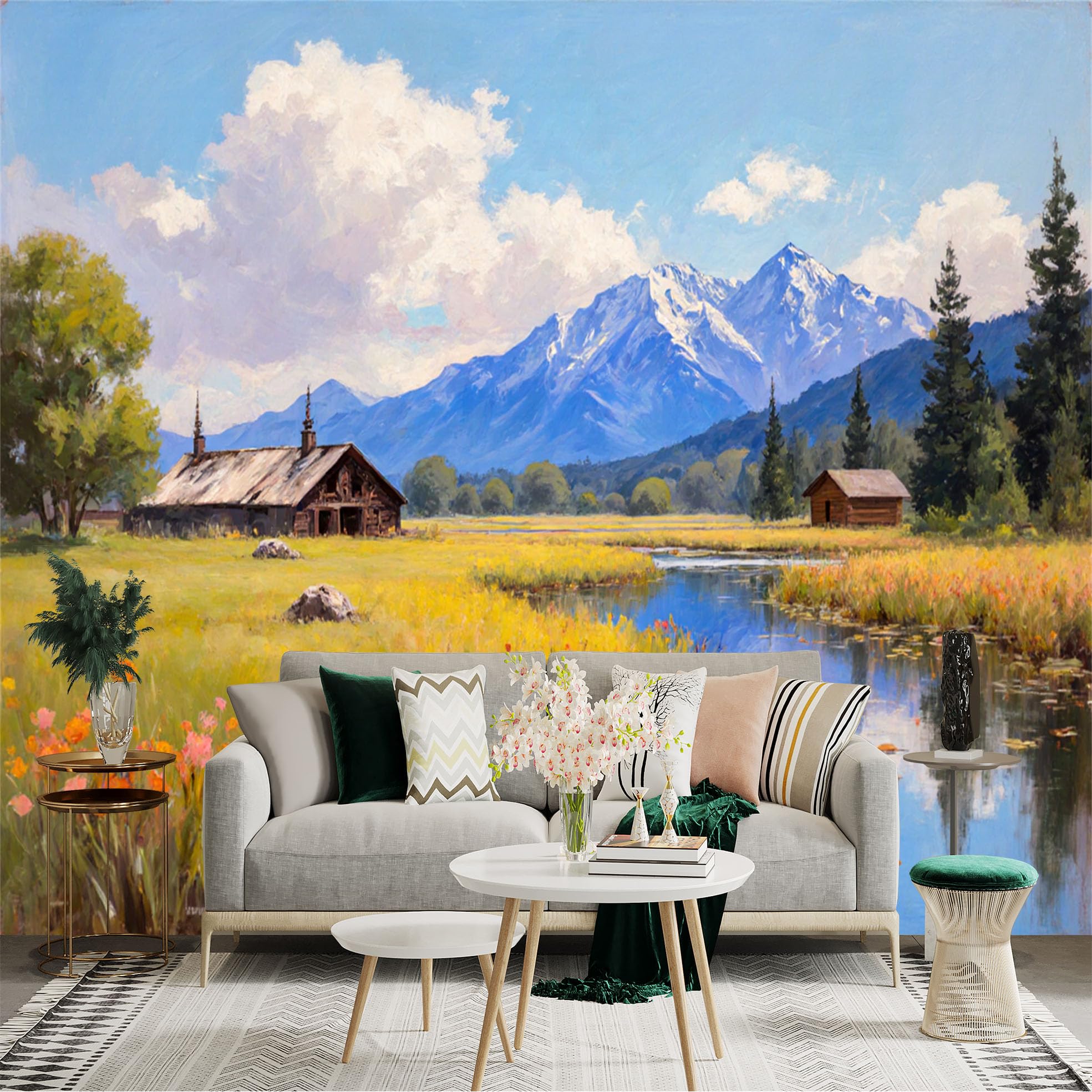 Lnzczhyre Xc260505478 Custom Size Wall Sticker Mural， Scenic Mountain Landscape， Rustic Cabin By The River， Wildflower Meadow， Peaceful Nature View， For Wall Decoration， Peelandstick Wall Decals.