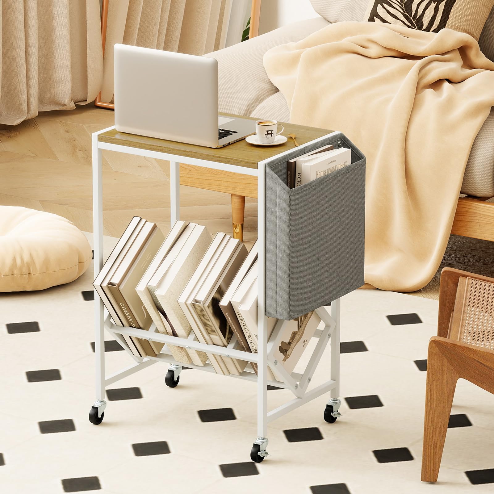 COSTWAY Plattenspieler Regal, Schallplattenregal mit Vinylaufbewahrung & Zeitschriftenhalter, Schallplattenständer mit feststellbaren Rollen, Beistelltisch für Wohnzimmer, Schalfzimmer (Weiß)