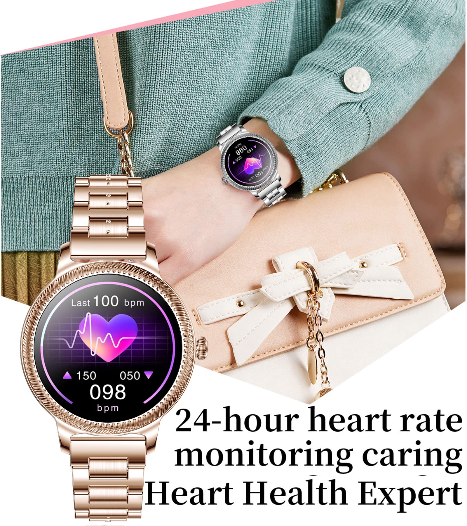 Smartwatch damski łańcuszek na rękę, różowe złoto, srebro, bransoletka ze stali nierdzewnej, pulsometr, zegarek z ciśnieniomierzem ciśnienia krwi, krokomierzem, monitor dla kobiet, metalowy, modny, elegancki diament różowy (Rosegold)