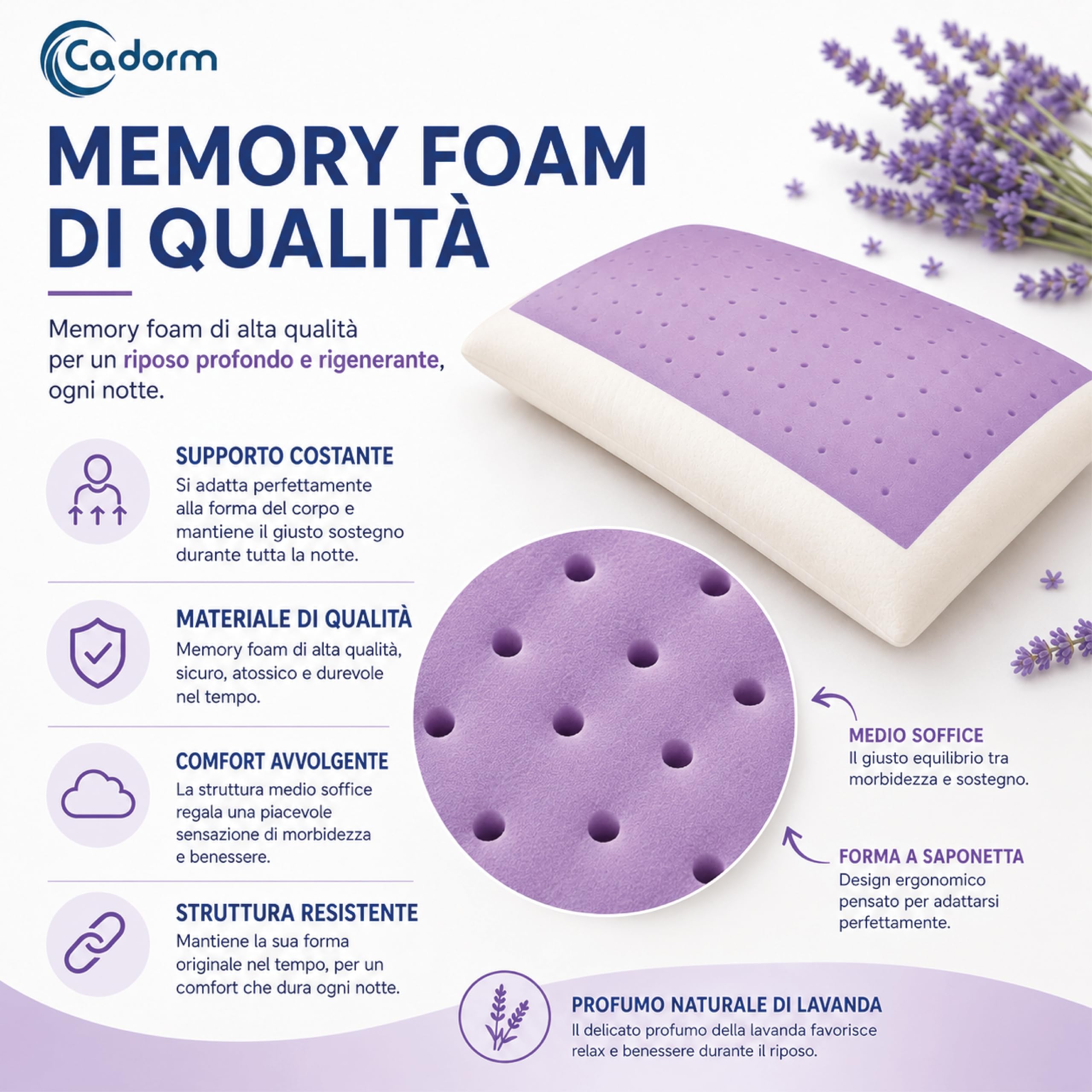 Cuscino Memory Foam Lavanda Forato 70x40x14 cm