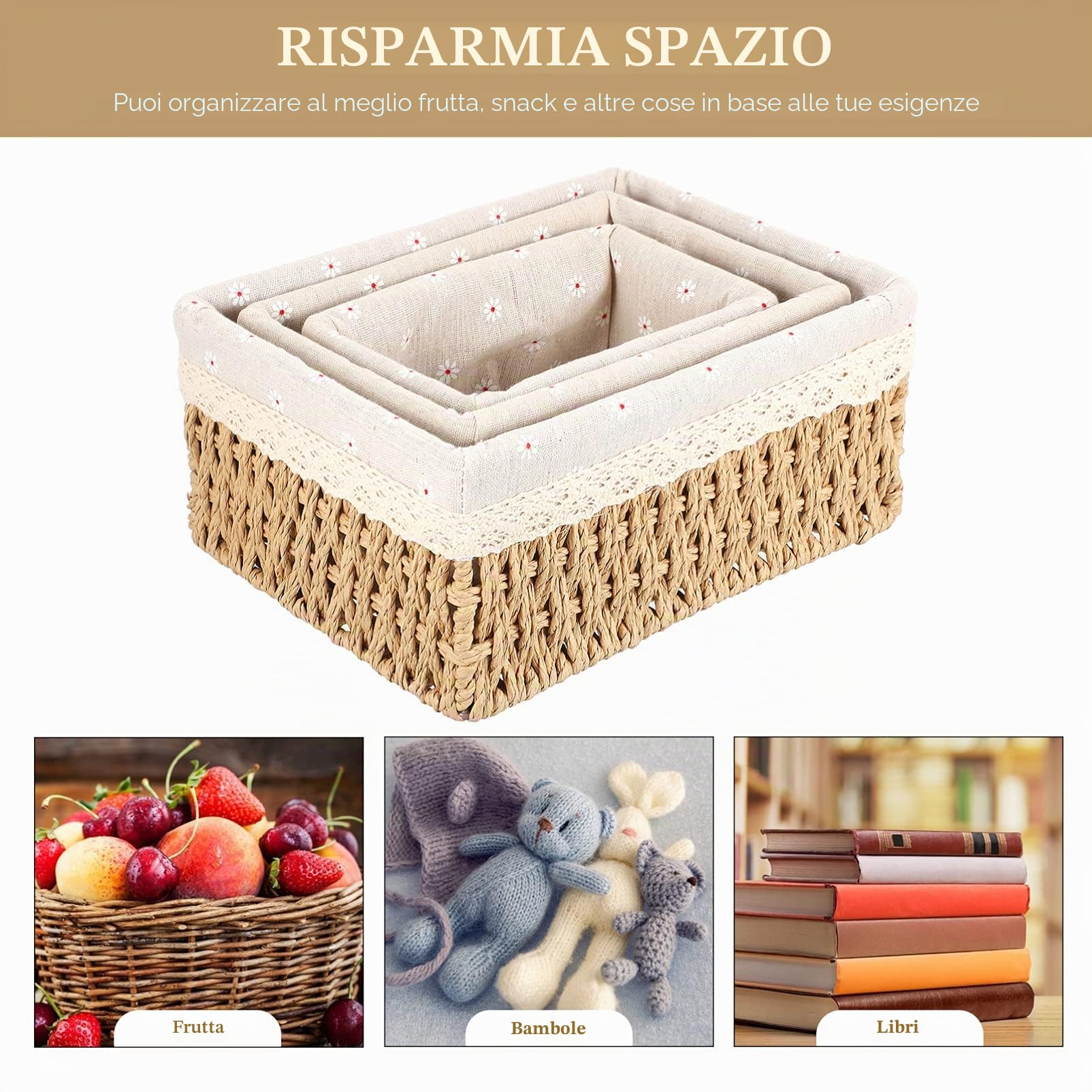 Generic - 3 cestini per nidificazione con fodere, in vimini intrecciato, colore: beige, 25 x 19 x 12 cm, Y13FY5917R