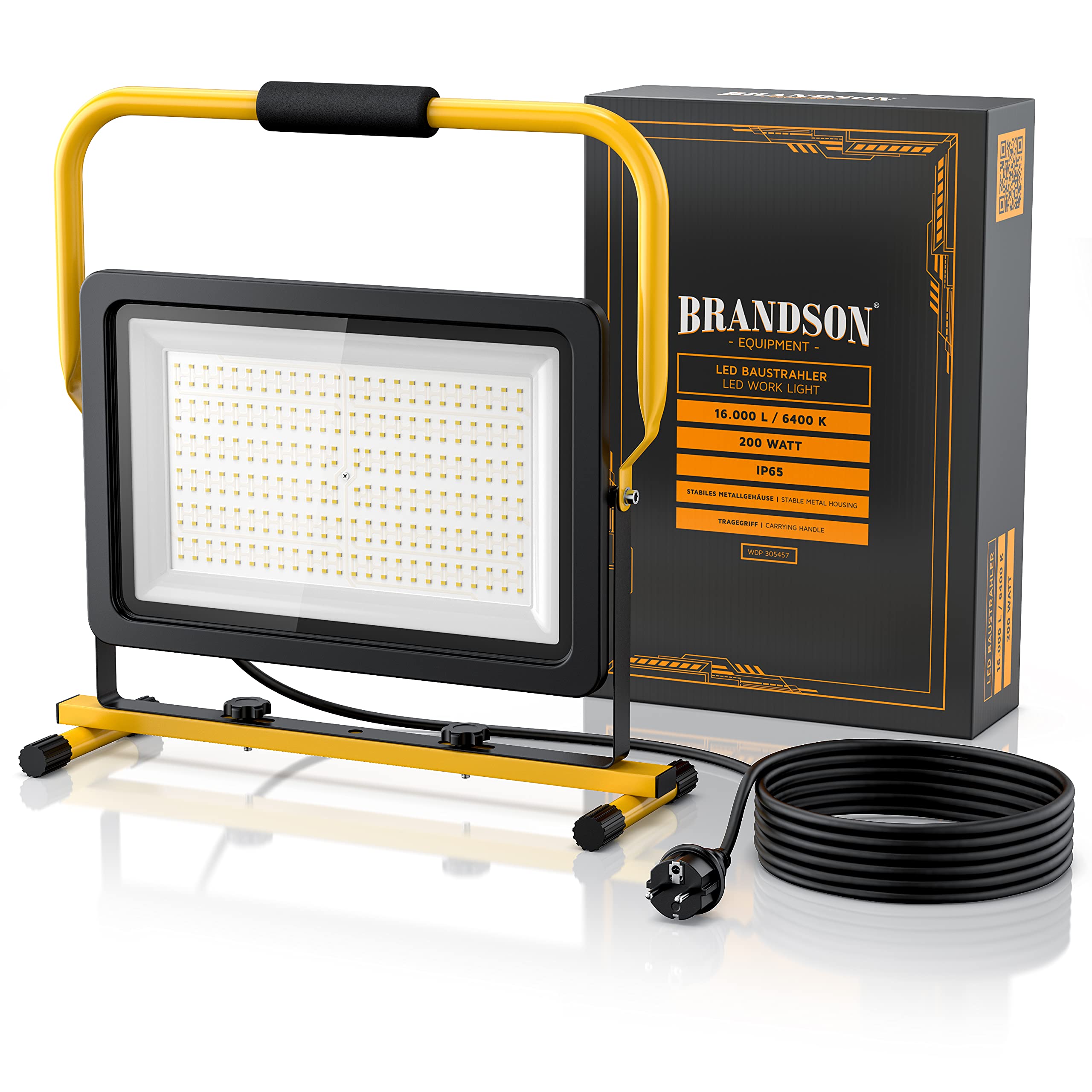 Brandson - Reflektor Budowlany LED 200 W - Reflektor Roboczy - 288 SMD LED - 6400 K - Stelaż i Uchwyt do Noszenia - 16000 Lumenów - Kabel Zasilający 4 m - Obudowa Metalowa - IP65