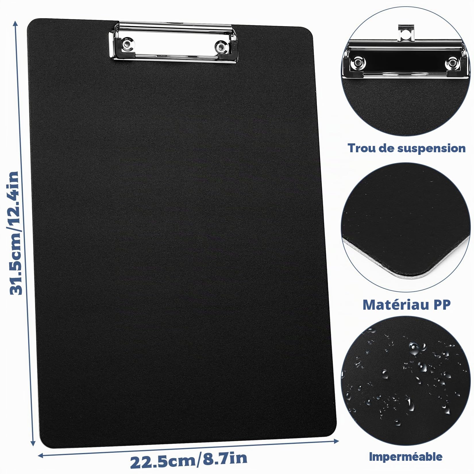 6 Pcs Porte Bloc A4 avec Pince, Porte Documents A4, Porte-Blocs Plastique Rigide, Presse-papiers pour étudiants Enseignants Fournitures de Bureau (Noir)