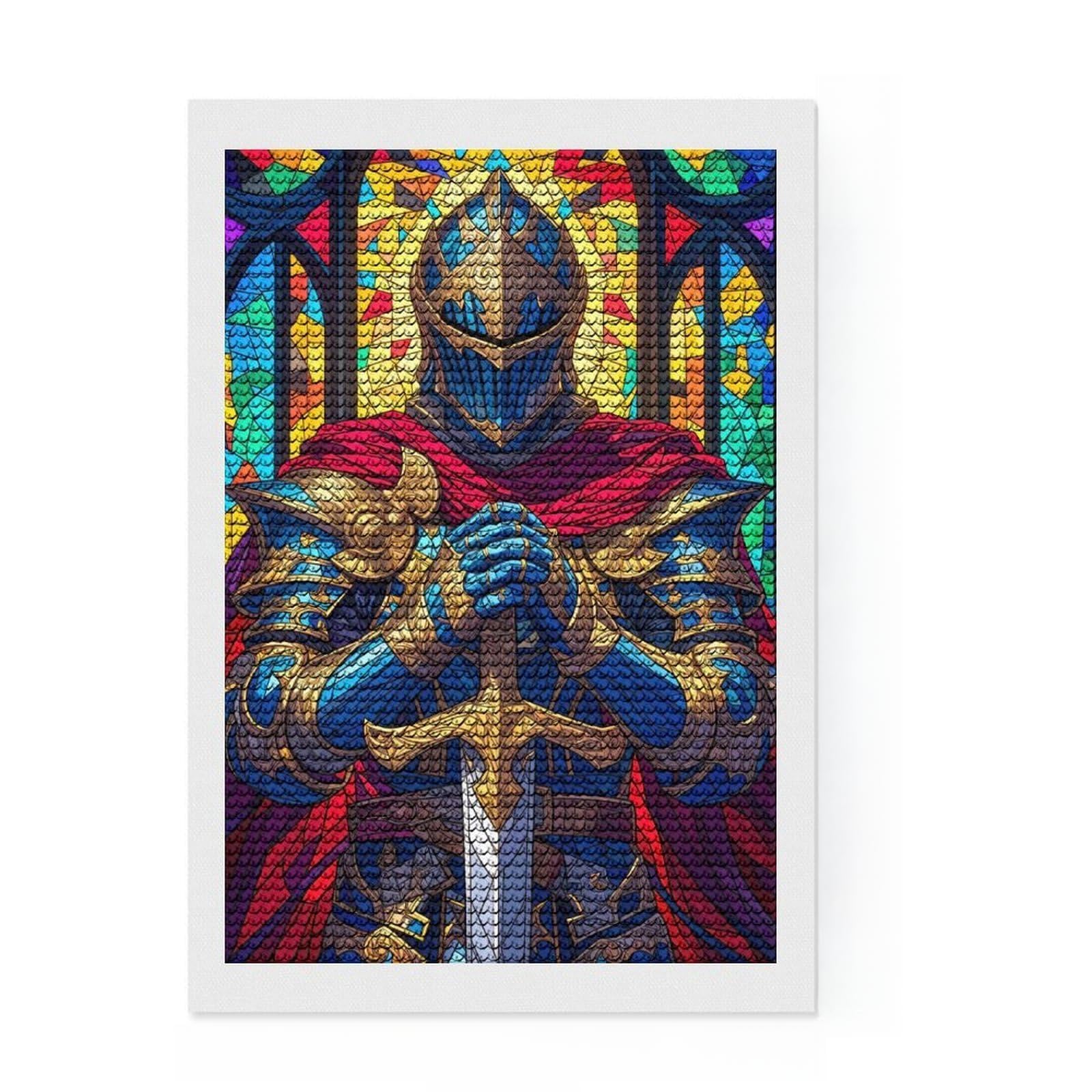 Junmoney Paladin Stained Glass Diamond Painting Kit 8"x12", Bedroom Decor, Round Gems, Full Kit Included, Relaxing Handmade Project