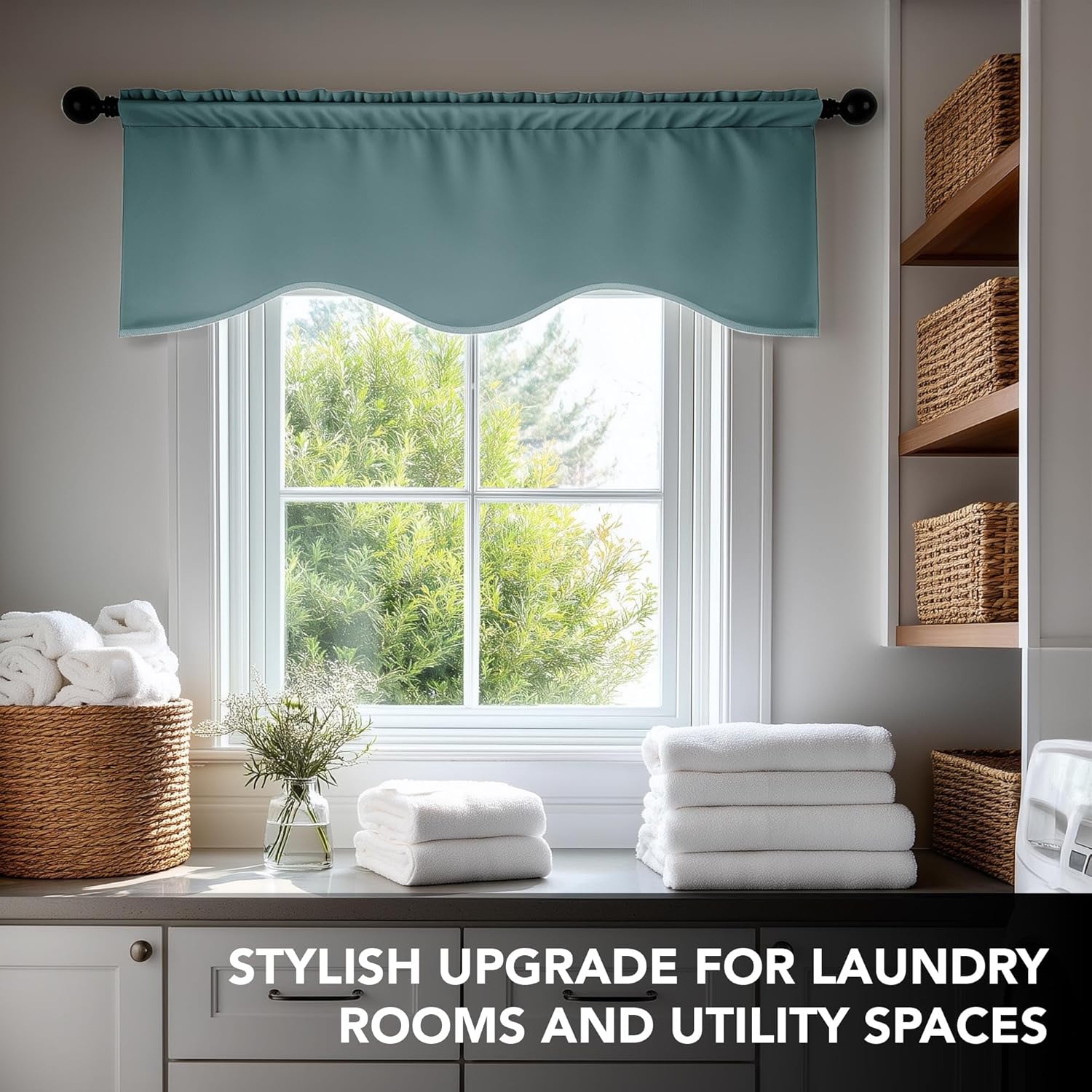 Deconovo Valances for Windows, Scalloped Valance for Kitchen Living Room Bedroom Bathroom, Short Curtains, Blackout Small Drapes, Rod Pocket, Machine Washable, 42x18 Inch, 1 Panel, Light Blue