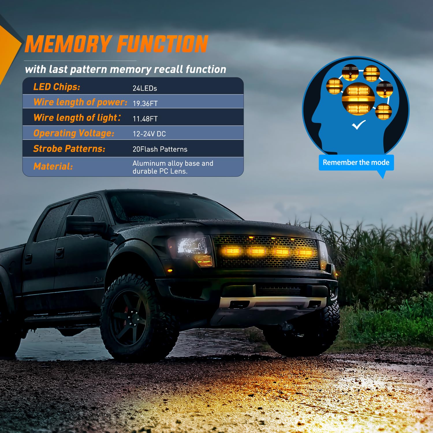 Nilight Juego de 4 luces LED de advertencia 12 V 24 V función de sincronización ámbar 24 LED luces de emergencia con controlador arnés de cables o encendedor de cigarrillos para coche, camión
