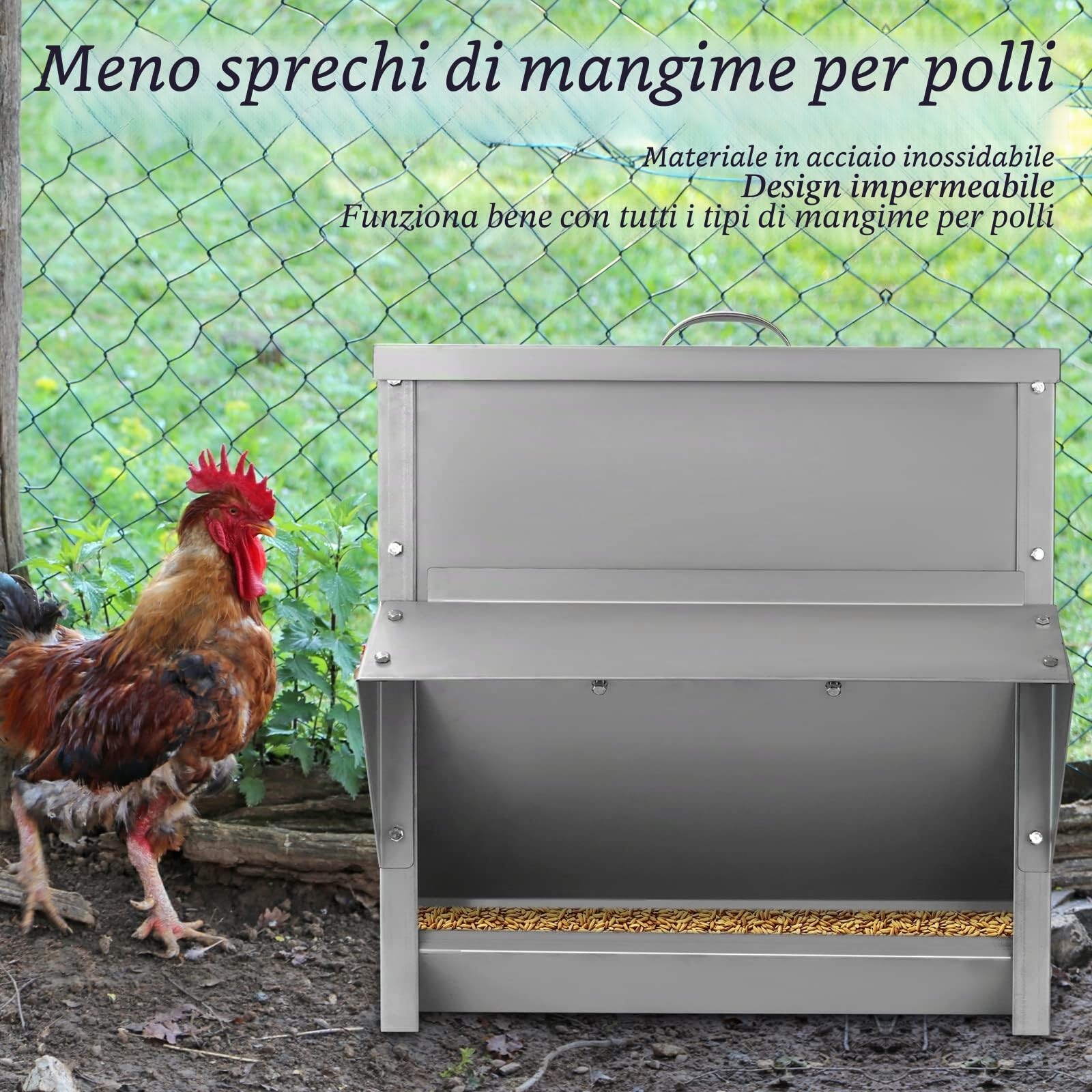 Mangiatoia Galline 25KG Automatica Da Esterno, Mangiatoia Per Polli Antispreco/Antipioggia In Acciaio Inossidabile, 40.5x29x41cm
