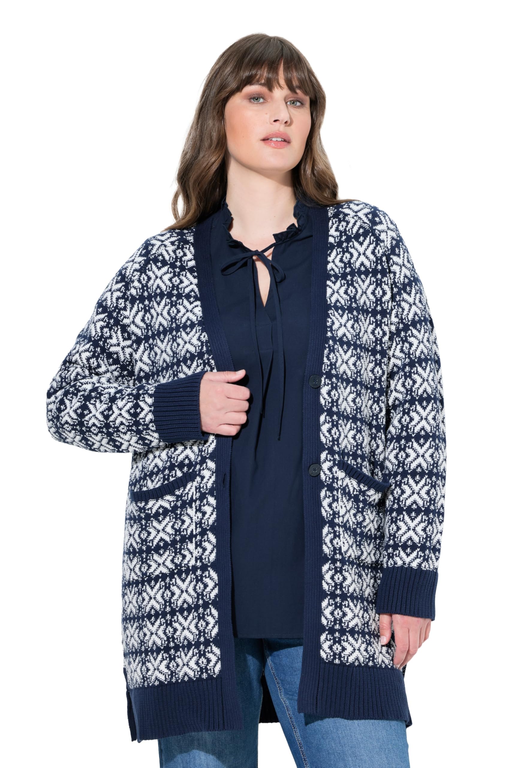Ulla Popken Damen große Größen Übergrößen Plus Size Strickjacke, Schneeflocken, V-Ausschnitt, Biobaumwolle 843776