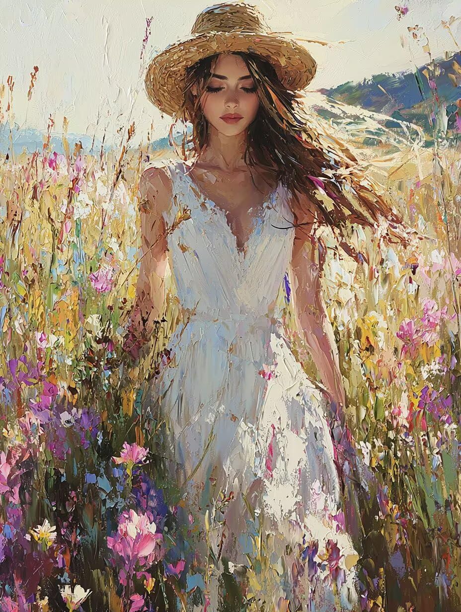 Frau im Blumenfeld Malen Nach Zahlen Erwachsene Anfänger, 80x100cm c-459 | Malen nach Zahlen Erwachsene Leinwand Kit, DIY Handgemalt Ölgemälde Set mit 3-Pinseln und Acrylfarbe für Wanddeko,Ohne Rahmen