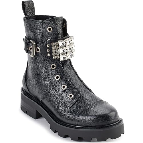 Karl Lagerfeld Paris Women's Lug-Sole Maeva Combat Boot with a Crystal Detailed Fashion