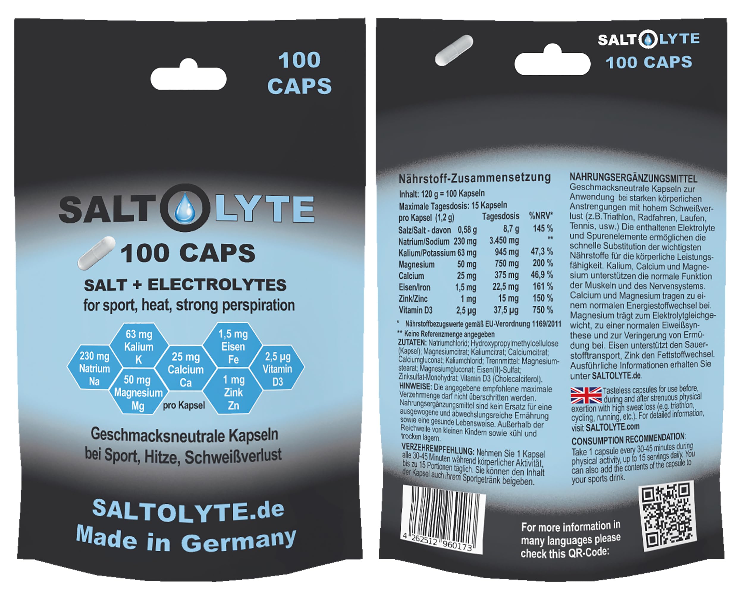 100 CAPS Salz- & Elektrolytkapseln mit Natrium, Kalium, Magnesium, Calcium, Eisen, Zink und Vitamin D3 für normale Muskelfunktion & Energiestoffwechsel