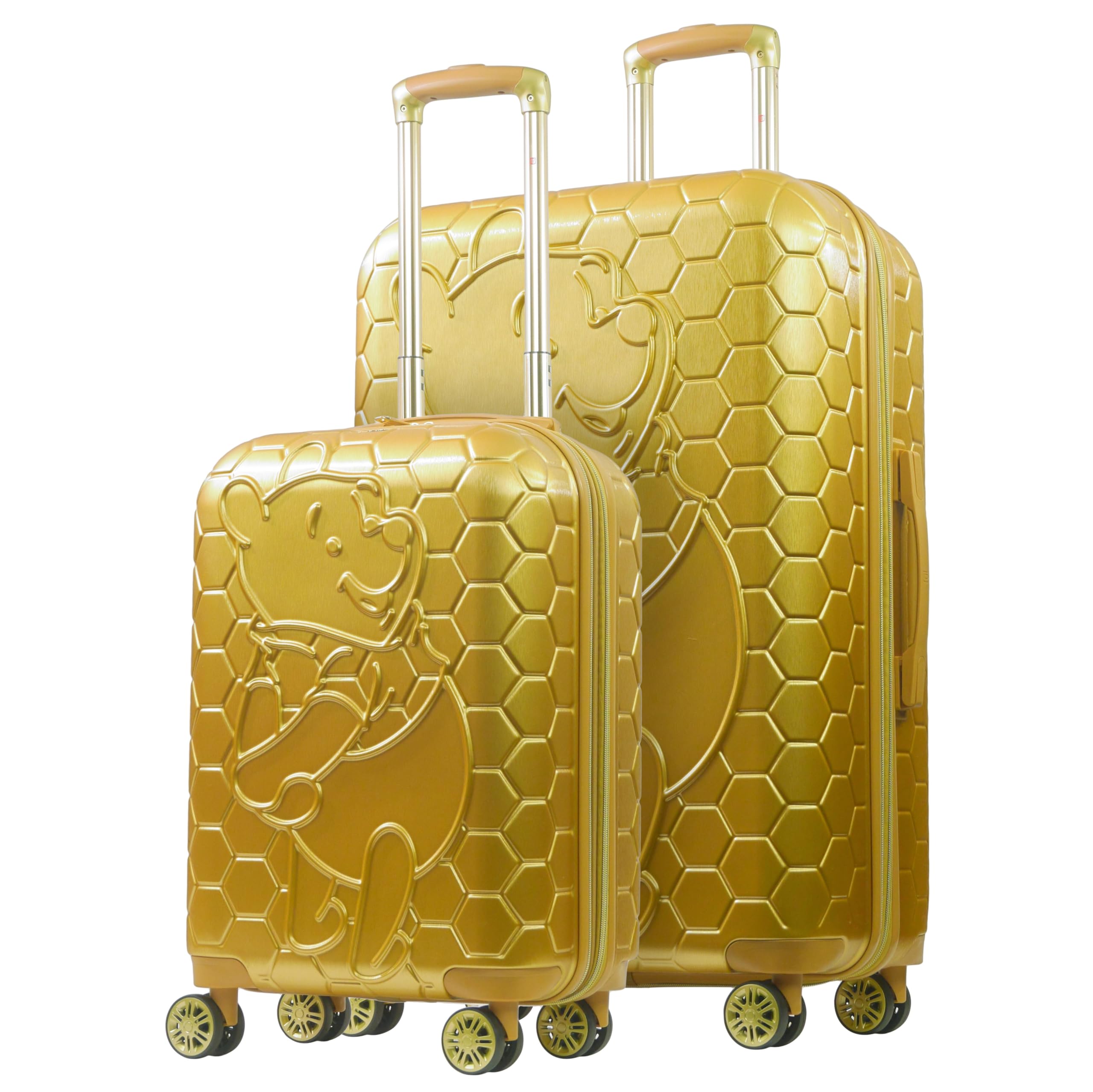 Disney Winnie the Pooh 2 Piece Rolling Luggage Set, Hardshell Suitcases for Travel, 360 Degree Spinner Wheels, Gold