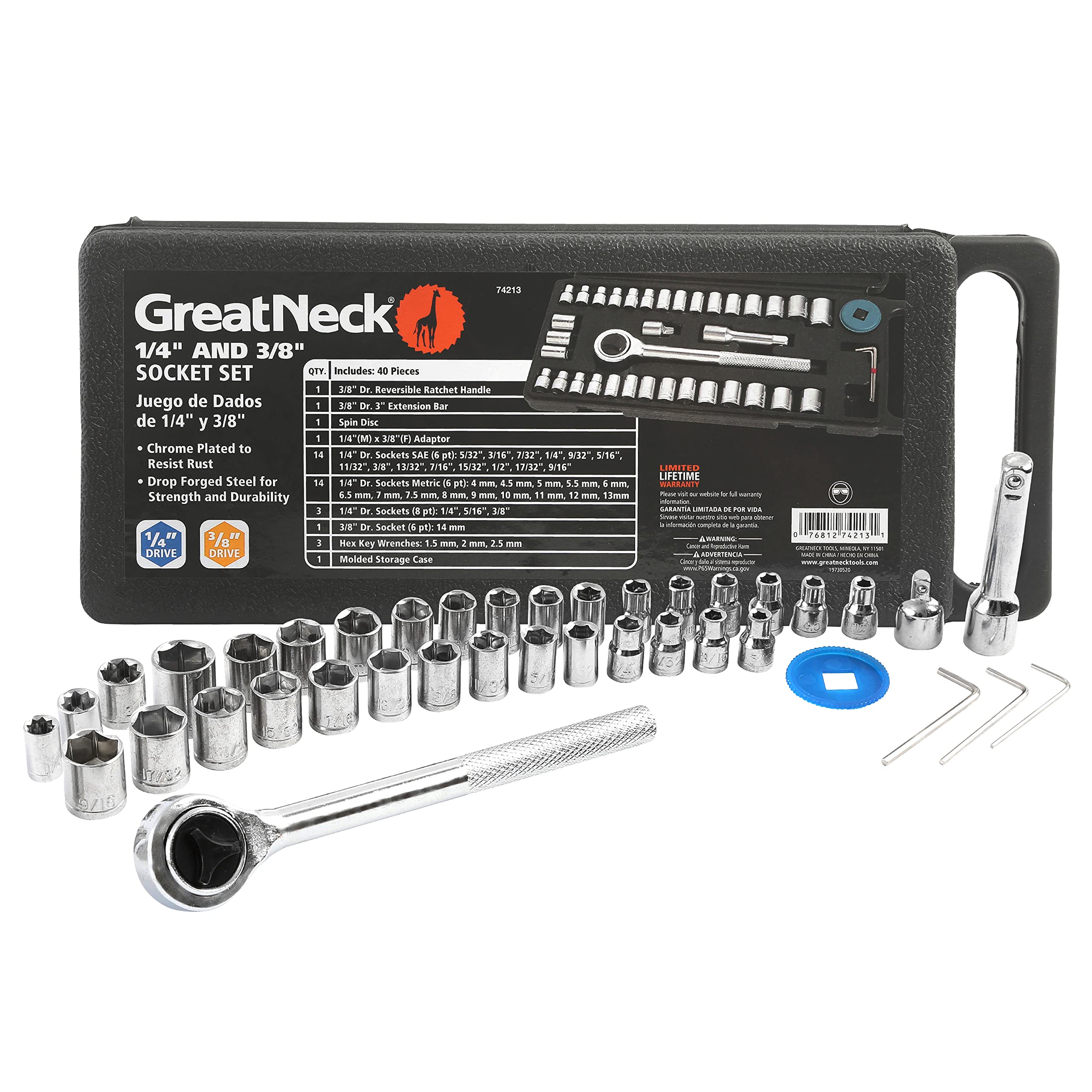 GreatNeck 74213 40 Piece 1/4 Inch and 3/8 Inch Drive Ratchet and Socket Set, 3/8 and 1/4 Inch Socket Set, 1/4 and 3/8 Ratchet Set
