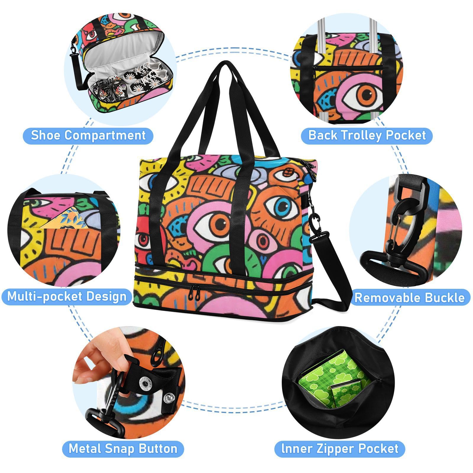 Eyes Evil Doodle kolorowa torba na przedmioty osobiste z mokrą kieszenią regulowany pasek sportowa torba na siłownię do podróży wodoodporna dla mężczyzn kobiet
