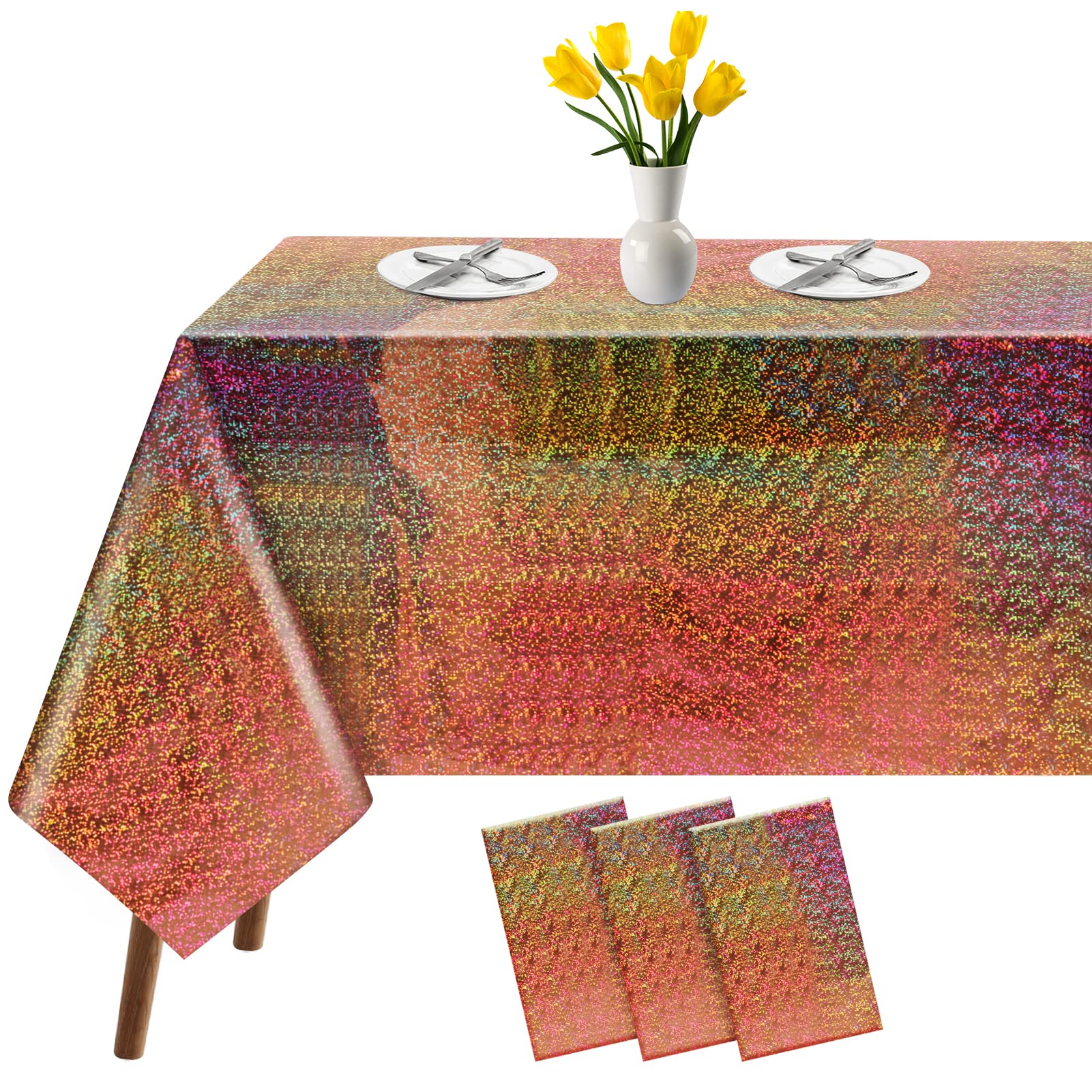 3 Pack Iridescent Tablecloth, 54" x 108" Birthday Party Table Cloths Iridescence Plastic Disposable Table Covers Iridescent Party Decorations, Birthday Decor Tablecloth for Buffet Table