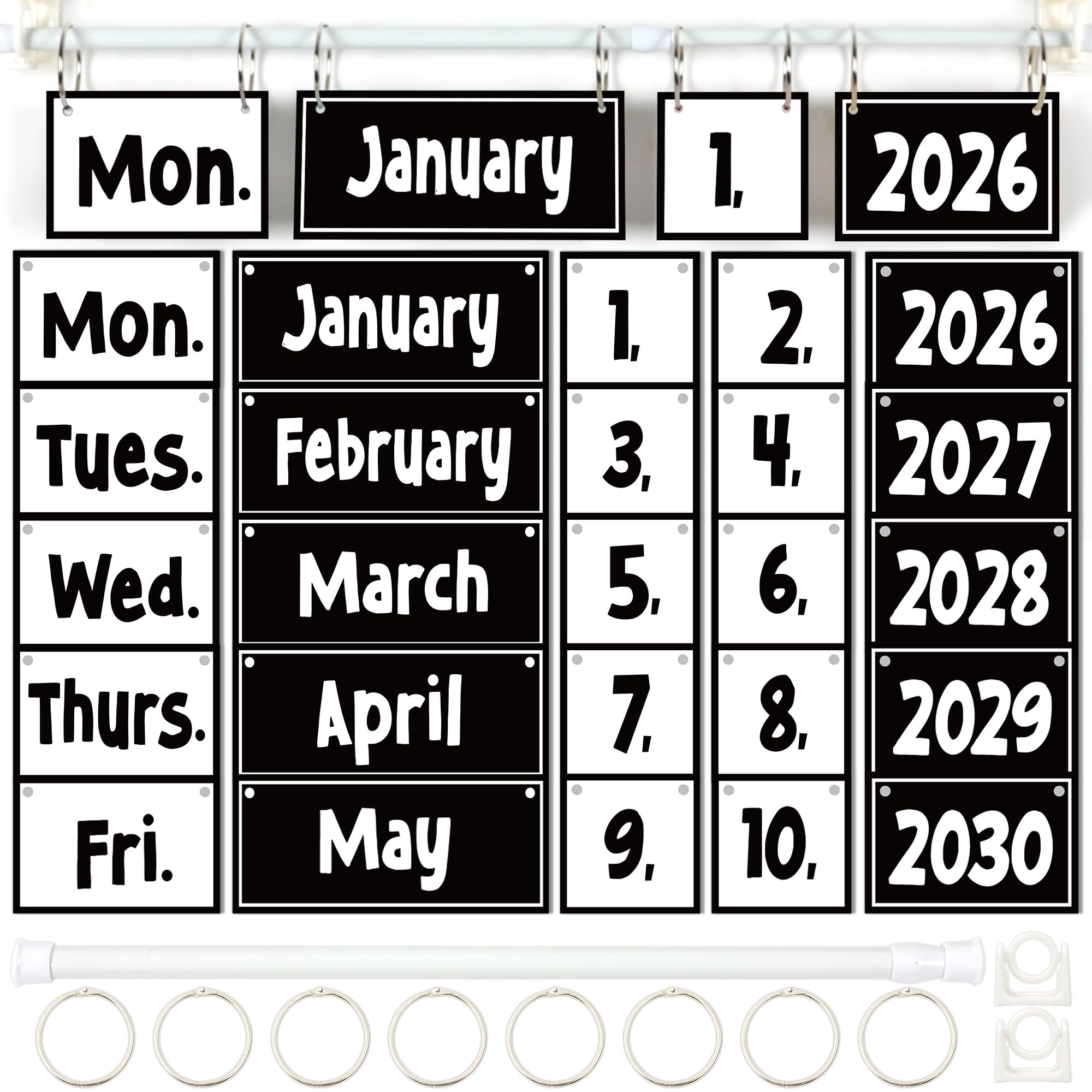 Black White Flip Calendar Bulletin Board Set Black Calendar for Classroom Whiteboard Decor with 2026 to 2030 Years Date Cards and Adjustable Rod for Home Elementary Back to School Teacher Supplies