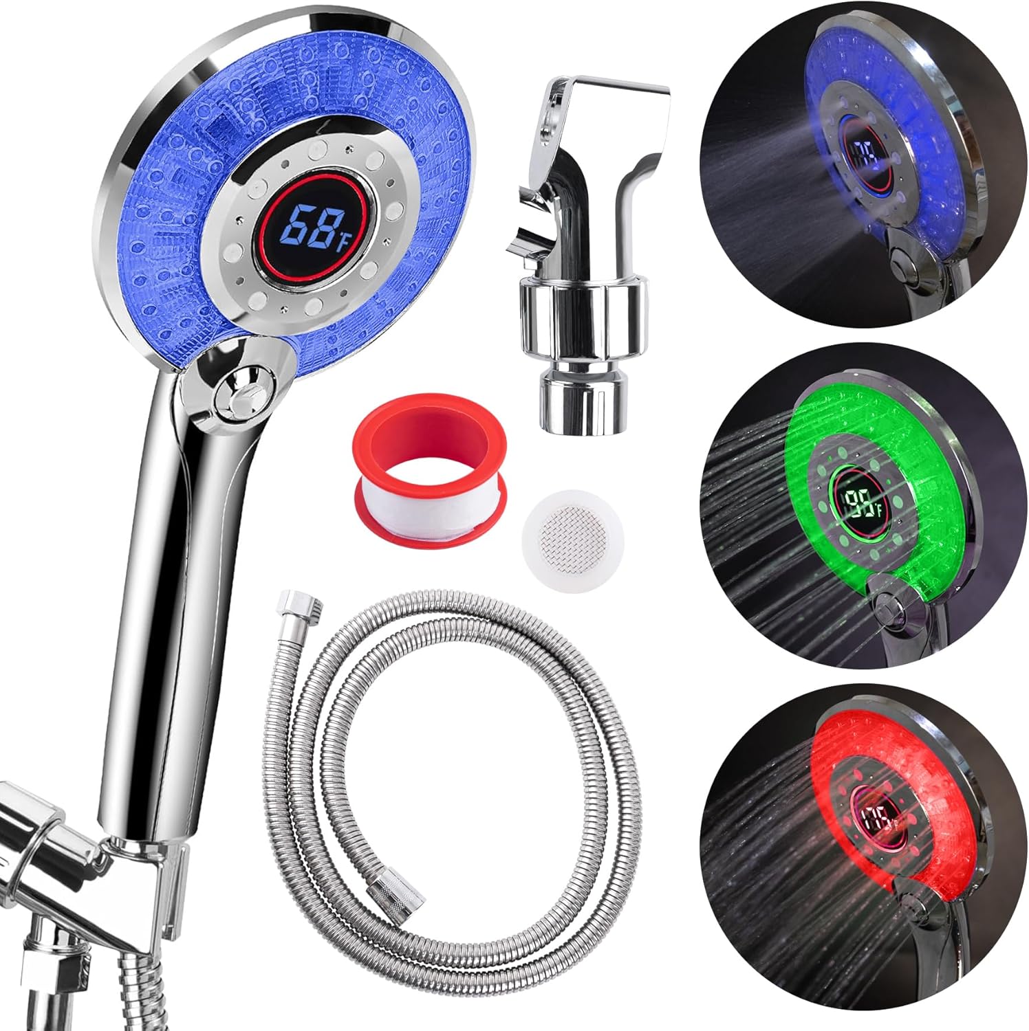 Framendino, LED Shower Head Color Changing with 3 Spray Modes Water Saving Temperature Display