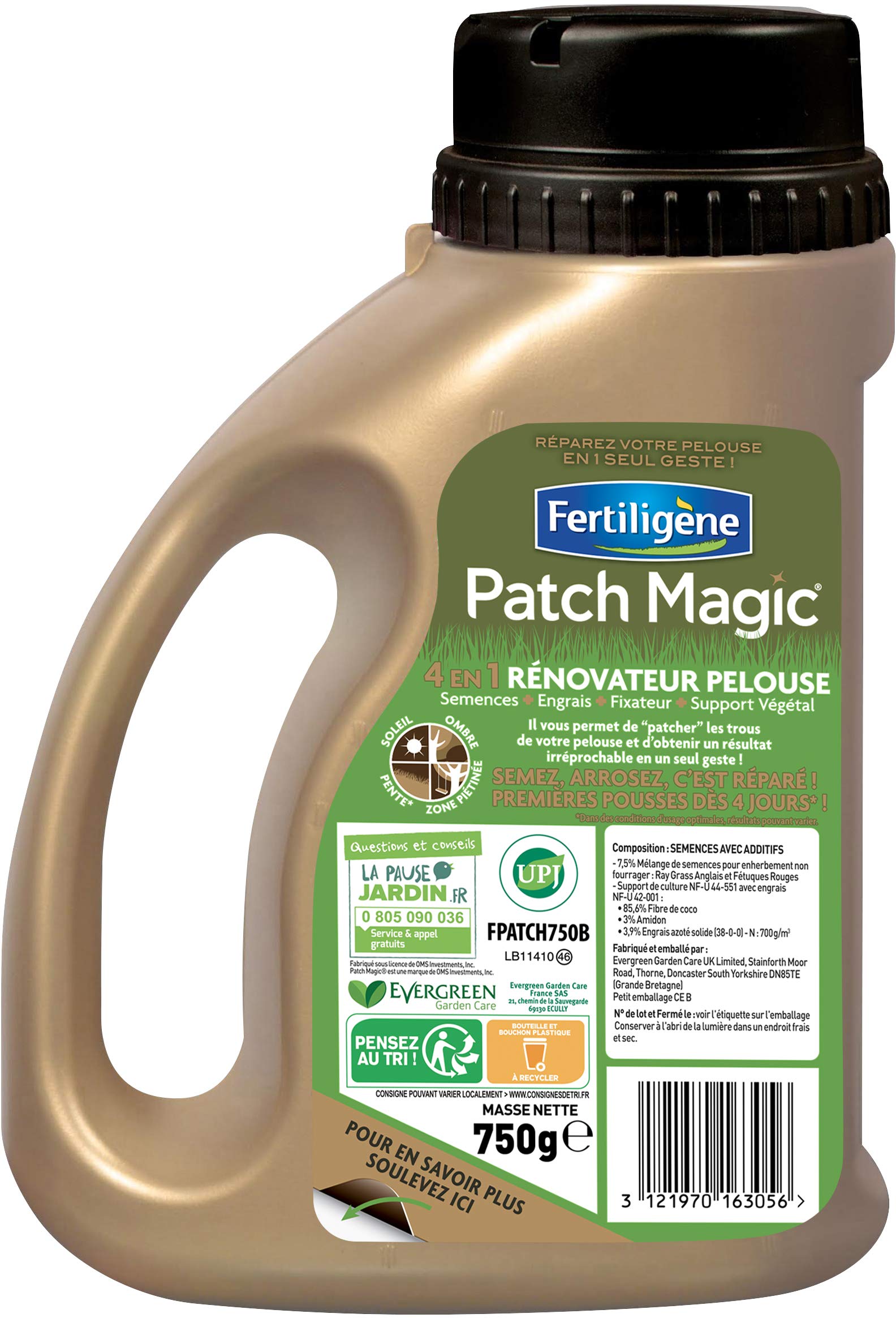 FERTILIGENE FPATCH750 Patch Magic Rénovateur de Pelouse 750 g - Formule 4 en 1 semences, engrais, fixateur, support végétal