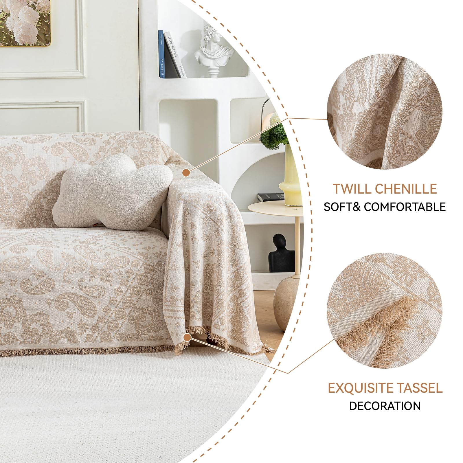DeepDream Sofa Überzug 1/2/3/4 Sitzer, Chenille Sofaüberwurf Waschbar L Form Sektionssofa, Couch Überzug Sofa Überwurfdecke Futonbezug für Haustiere Kinder, 180 x 300cm, A Beige