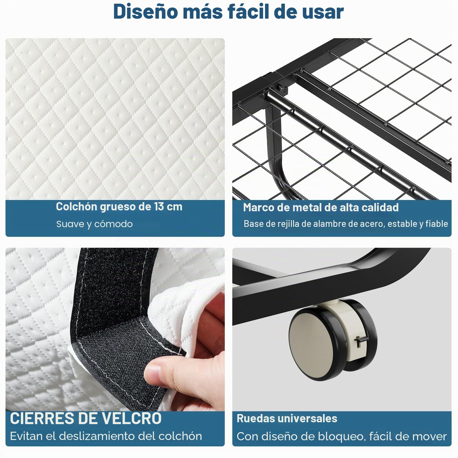 Daromigo Cama plegable de 90 x 200 cm, colchón 13 cm, individual metálica 4 ruedas, 150 kg, dormitorio/salón