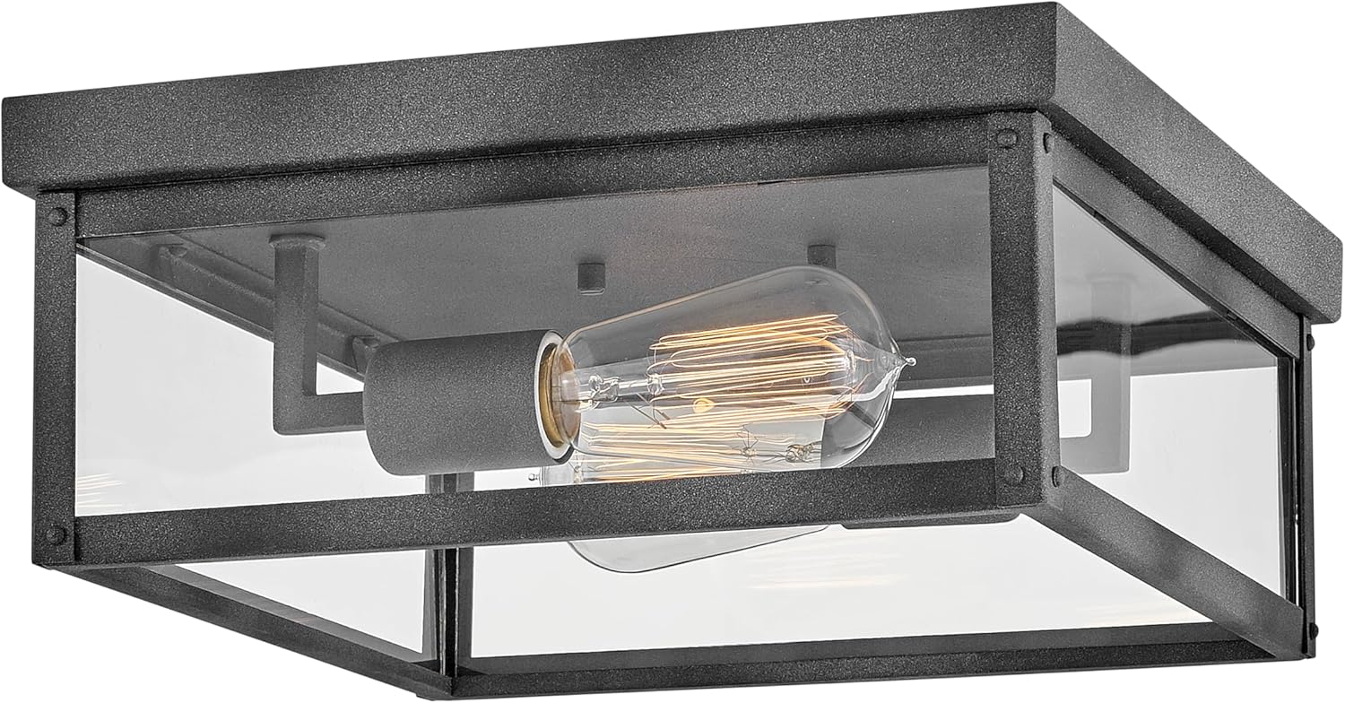 Hinkley Beckham Small Flush Mount Outdoor Ceiling Light, Aluminum, Clear Glass Panels, Transitional, Aged Zinc Finish