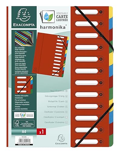 EXACOMPTA Trieur HARMINIKA à Fenêtres et Élastiques 12 Compartiments Rouge