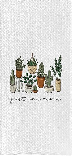 DOTAIN Toalla de mano de cocina con diseño botánico bohemio Just One More de tejido gofre, divertido paño de limpieza con temática de plantas